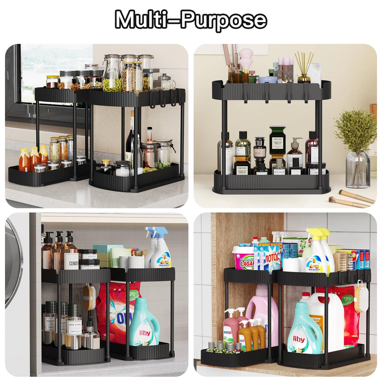 Ukeetap 2-Pack Pull-Out Storage Organizers – Under Sink & Cabinet Organizers for Bathroom & Kitchen, 12.8", Black