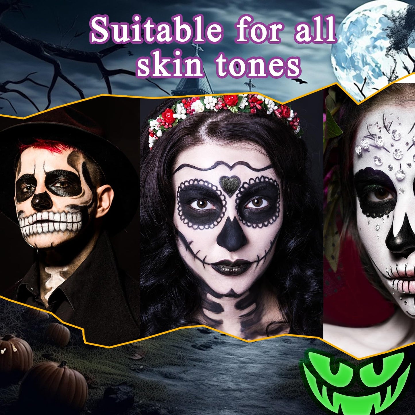 Black White Face & Body Paint Set,Professional Oil Based Face Painting Kit with 2 Brushes,Halloween SFX Makeup Palette Kit for Skull Costume Party