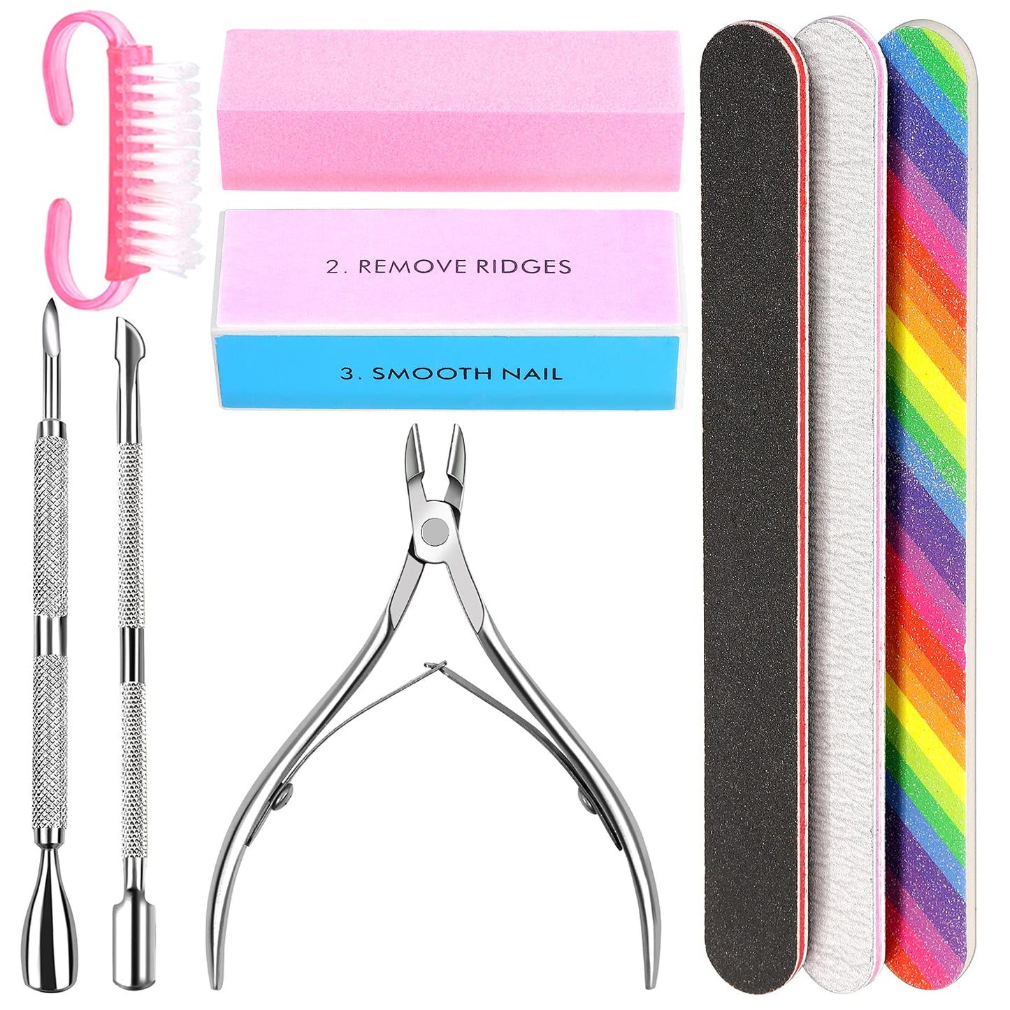 3pcs Double Sided Rectangular Nail File and Buffer, Buffer Block Sponge Polished, Nail Brush, Come with Cuticle Nipper and Pusher, Perfect Manicure