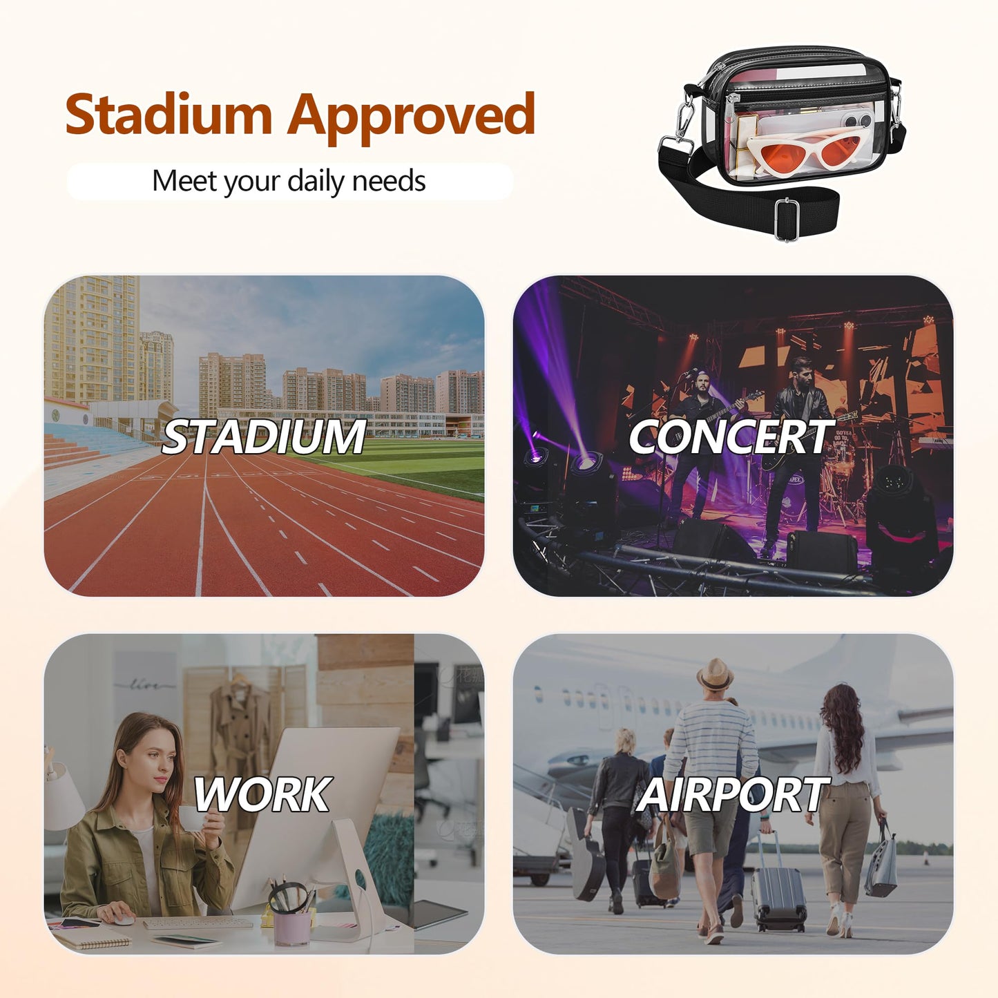 Bagenius Clear Bag for Stadium Events Clear Purse with Removable Strap Transparent Bag