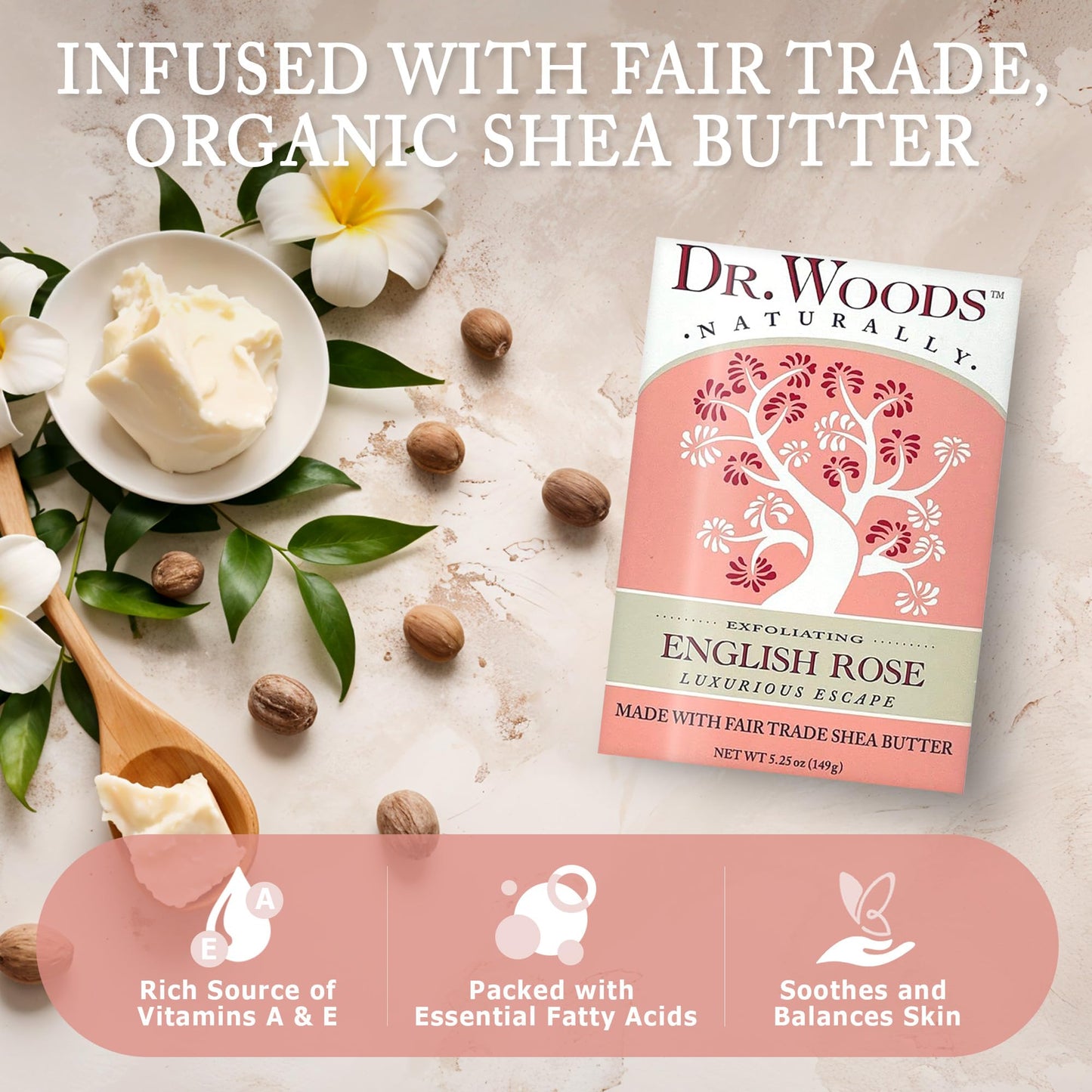 Dr. Woods English Rose Bar Soap with Organic Shea Butter - Pure Rose Scented Soap for Men and Women, Moisturizing and Exfoliating - 5.25 Oz (Pack
