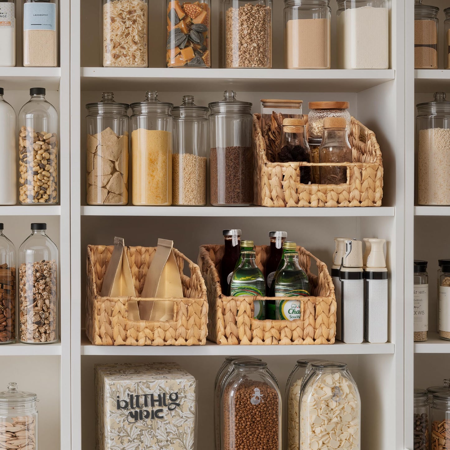 StorageWorks Pantry Baskets for Organizing, Wicker Basket with Built-in Handles, Handwoven Wicker Storage Baskets, Water Hyacinth for Shelves, 2 Pack