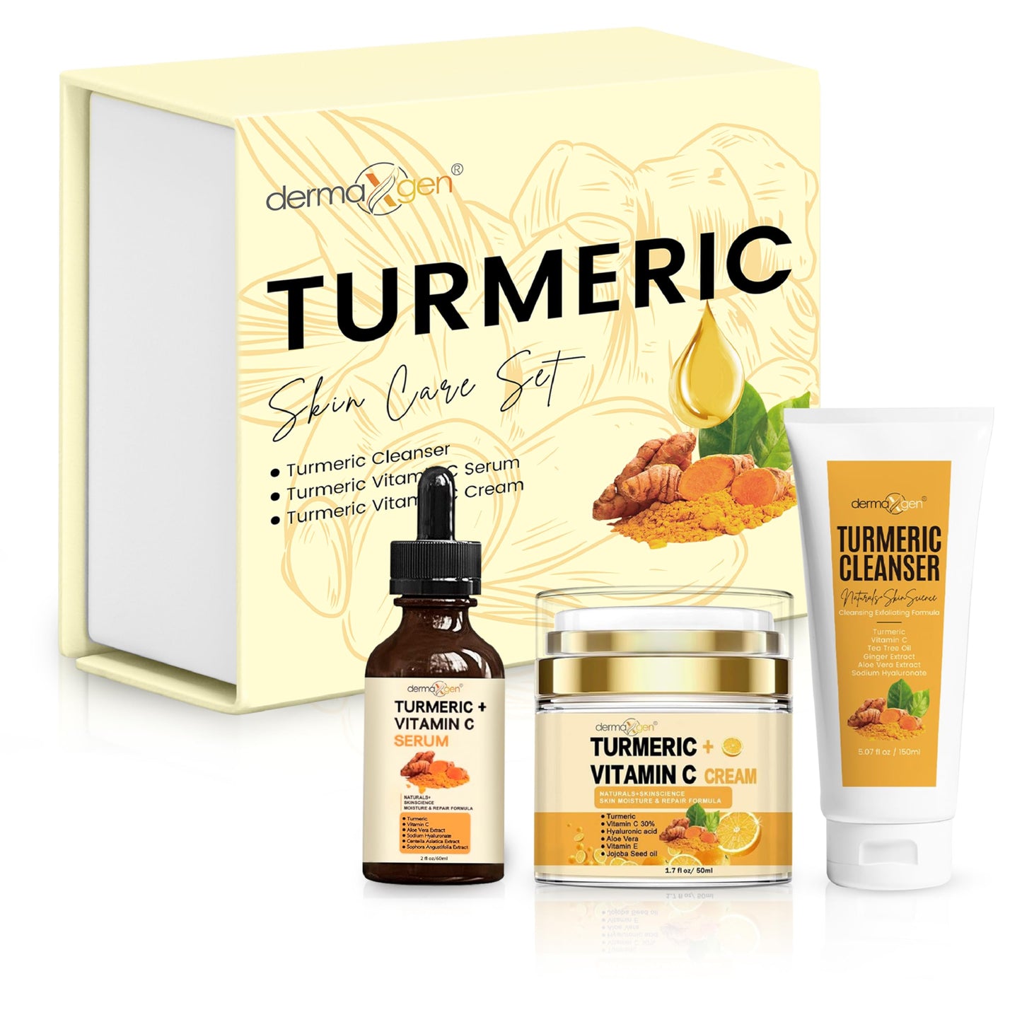 Dermaxgen Turmeric Complete Facial Care Kit - Organic Glowing Skin Anti-Aging, Rejuvenating, Boosting Collagen & Hydrating - Day & Night Brightening