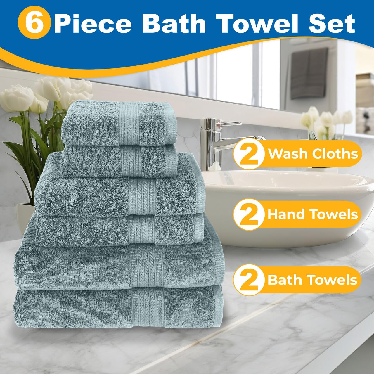 Kaufman - Luxury 100% Cotton Towels | 6 Piece Bath Towel Set | 2 Bath Towels (30 x 54), 2 Hand Towels (16 x 28), 2 Washcloths (13 x 13) | Soft…