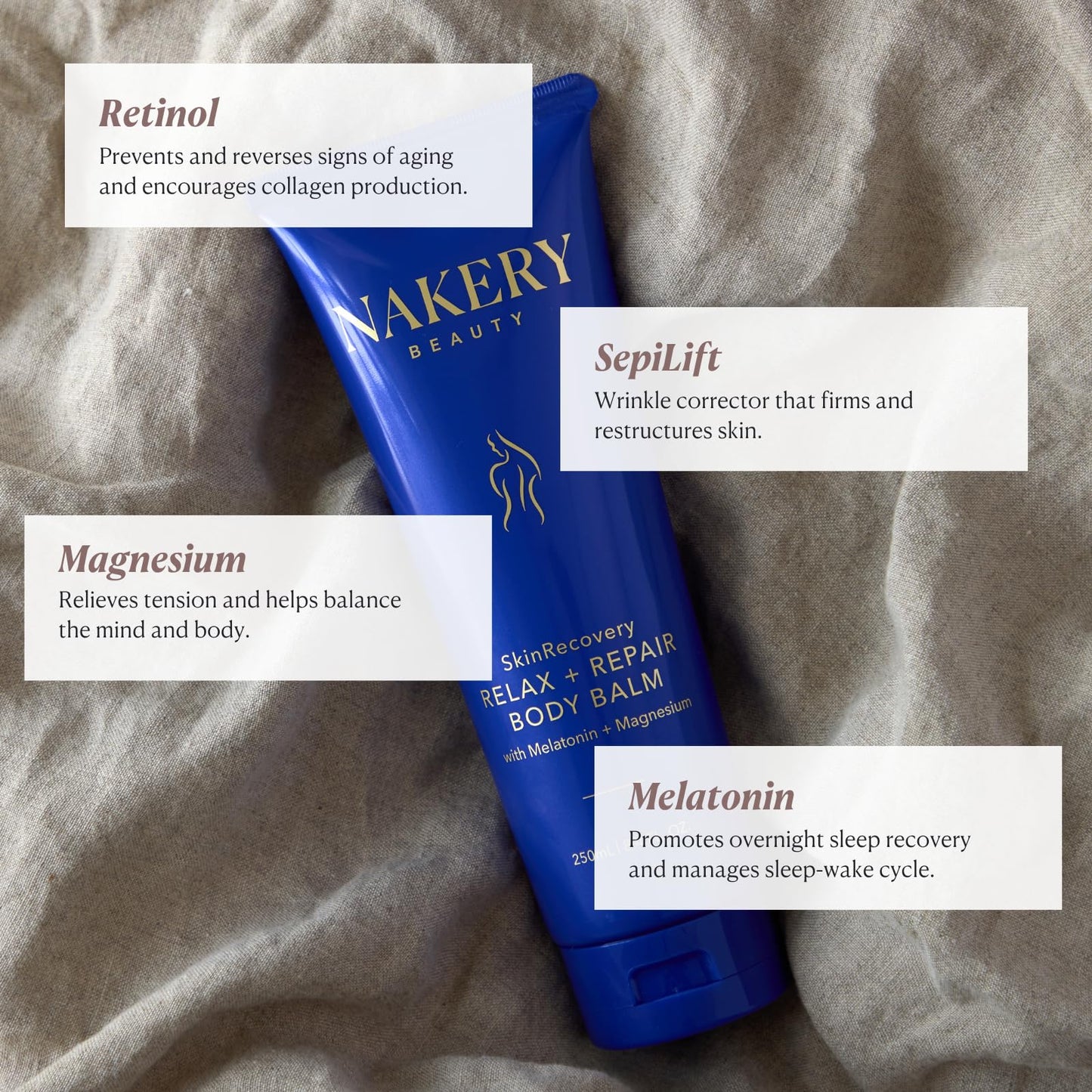 Nakery Beauty SkinRecovery Relax + Repair Body Balm, Magnesium Melatonin Sleep Lotion with Retinol + SepiLift, Firming Cream for Crepey Sagging Skin