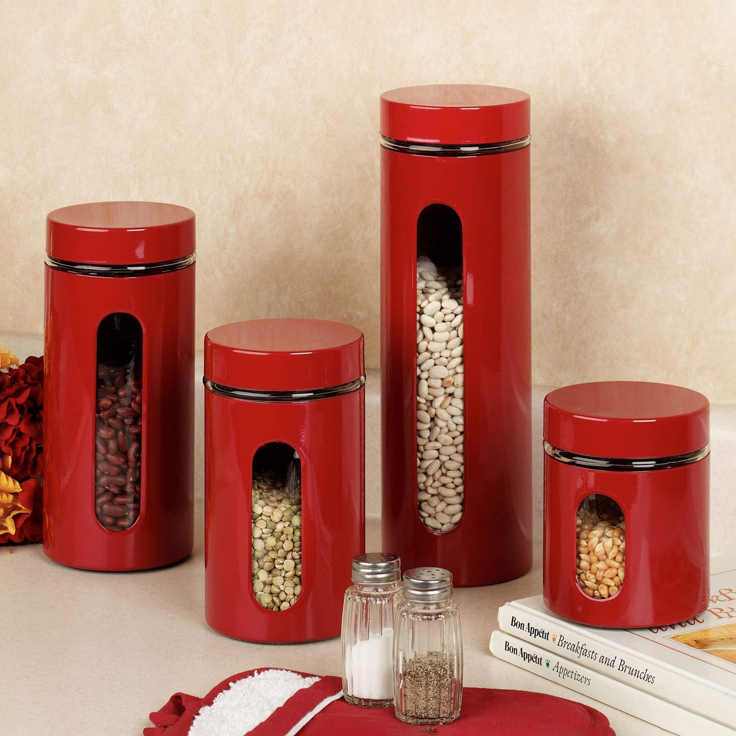 Quality Modern Red Stainless Steel Canister Set for Kitchen Counter with Glass Window & Airtight Lid - Food Storage Containers with Lids Airtight…