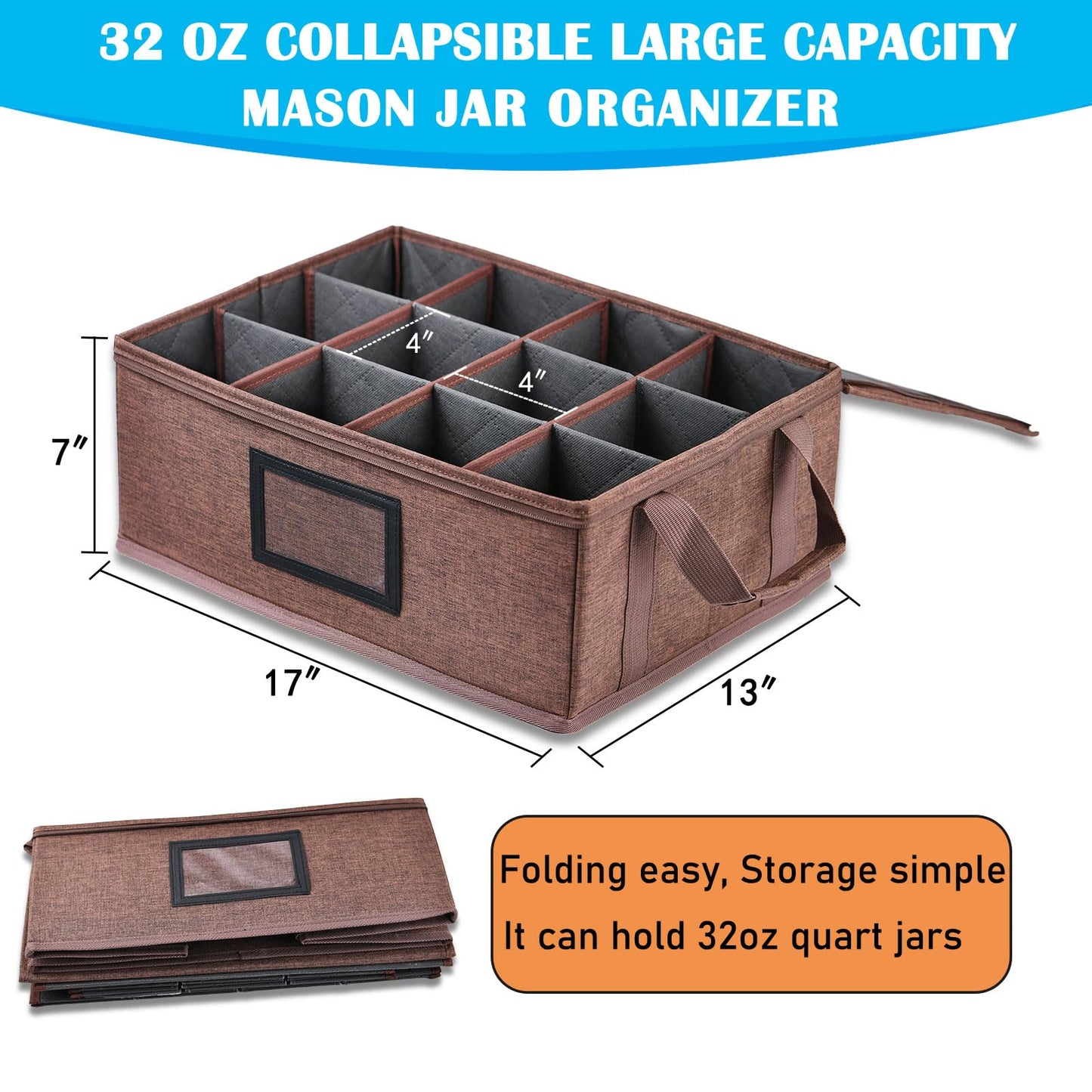 Geliwosy 16 oz Mason Jar Storage Containers - Sturdy Canning Jar Boxes Organizer, Foldable with Dividers, Holds 12 Pint Mason Jars, Home Canning…