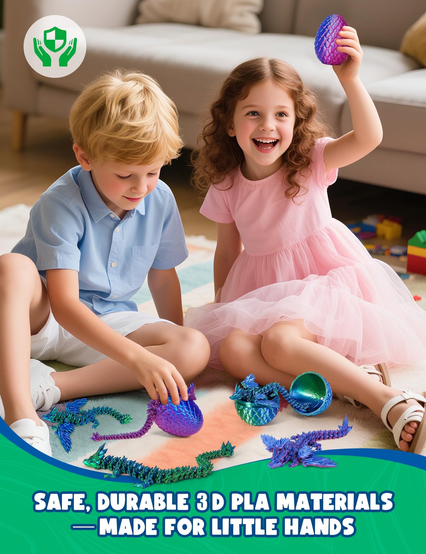 3D Printed Dragon Eggs with 4 Dragons Inside - Swappable Wing, Flexible Articulated Magnetic Dragons Animals Fidget Toy for Kids (Purple+Blue)