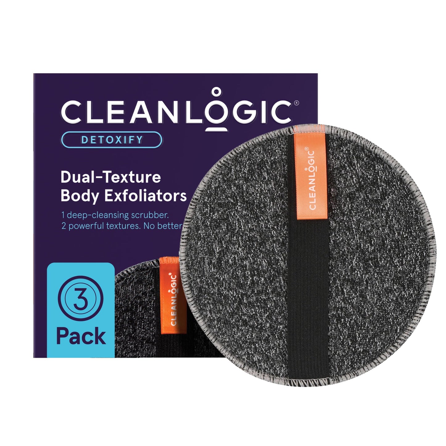 Cleanlogic Detoxify Purifying Charcoal Infused Exfoliating Body Scrubber, Dual-Texture Round Exfoliator Tool for Smooth, Clean Skin, Daily Skincare