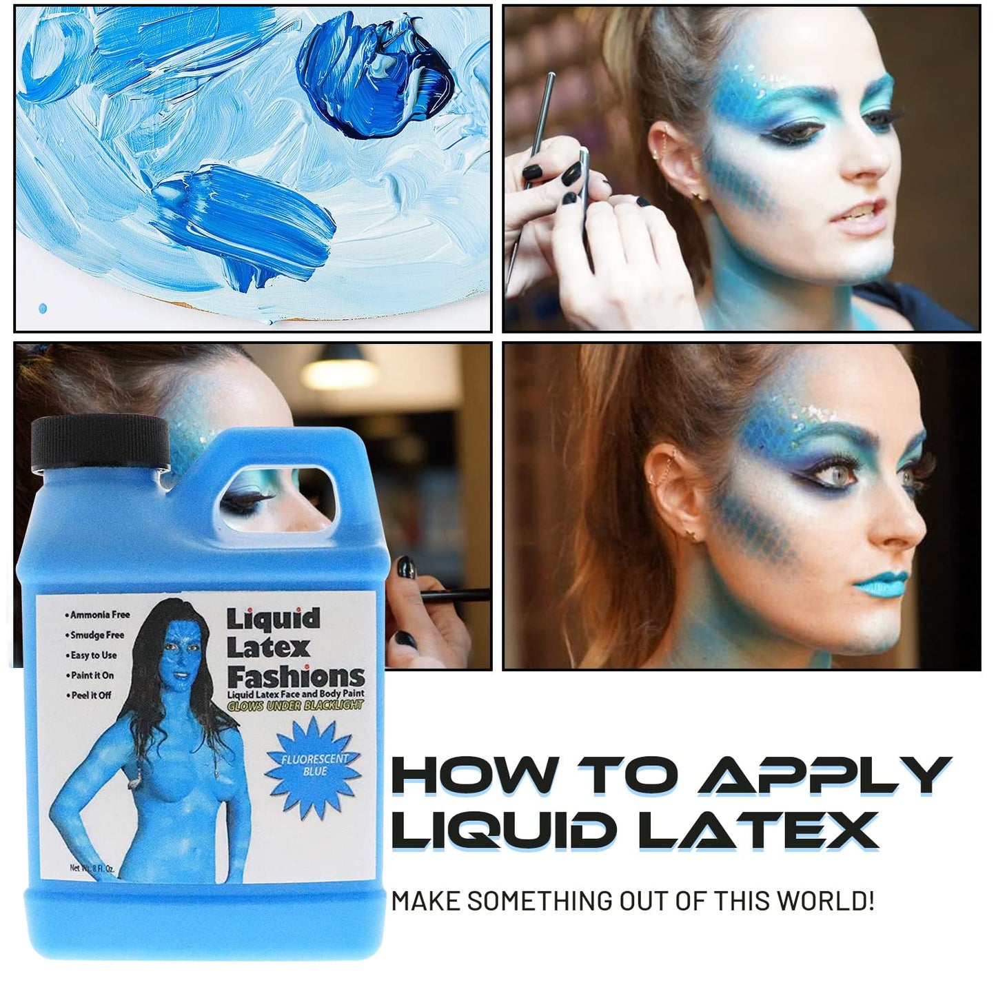 Fluorescent Blue 8 Oz - Liquid Latex Face and Body Paint, Black Light UV Reactive GLOW, Ideal for Cosplay, Costumes, Concerts, Halloween and Theater