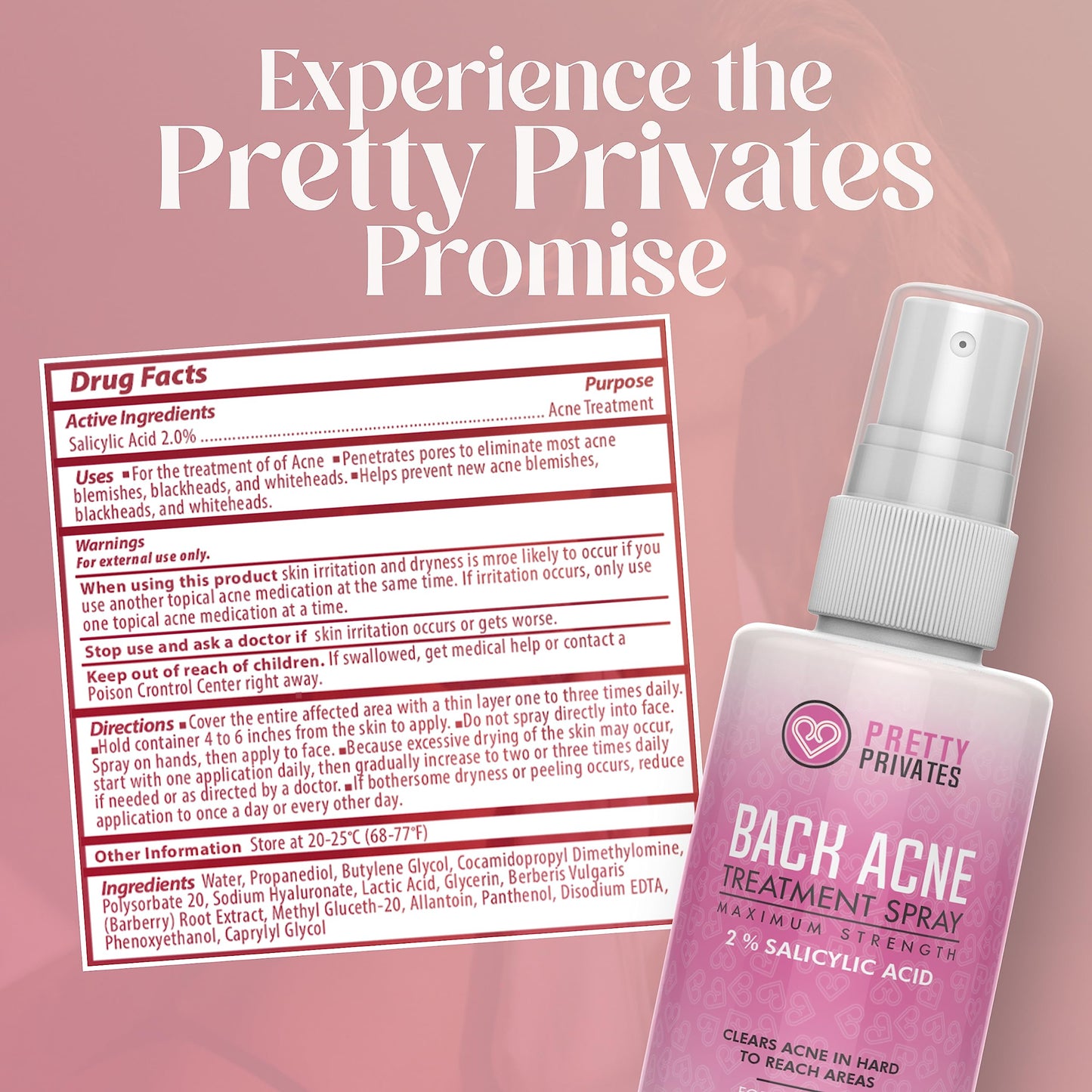 Pretty Privates Premium Back Acne Spray - Body, Butt and Back Acne Treatment Spray - with 2% Salicylic Acid - Bacne Scar and Spot Clearing Solution