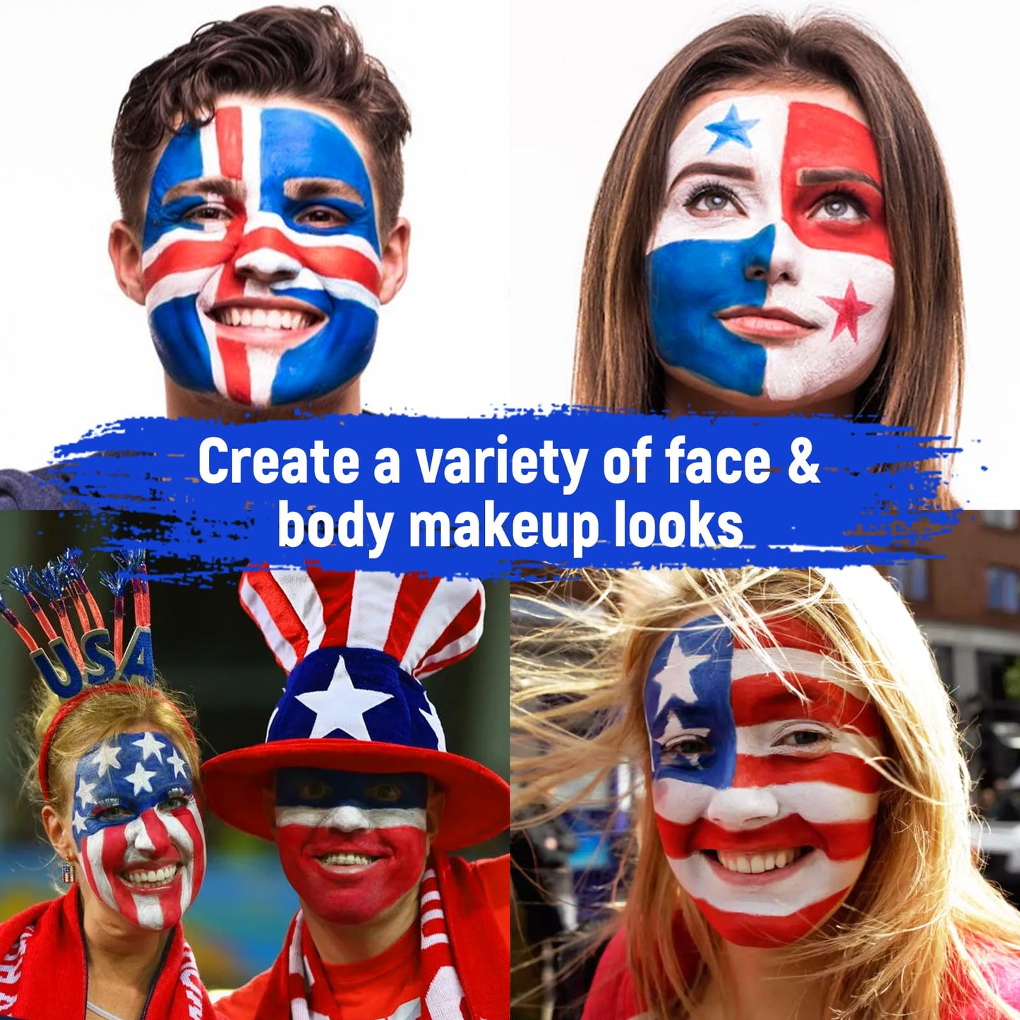 Red White Blue Face Body Paint - USA American Flag 3 Colors Makeup Face Painting Palette for America's Patriotic Events 4th of July, Independence Day