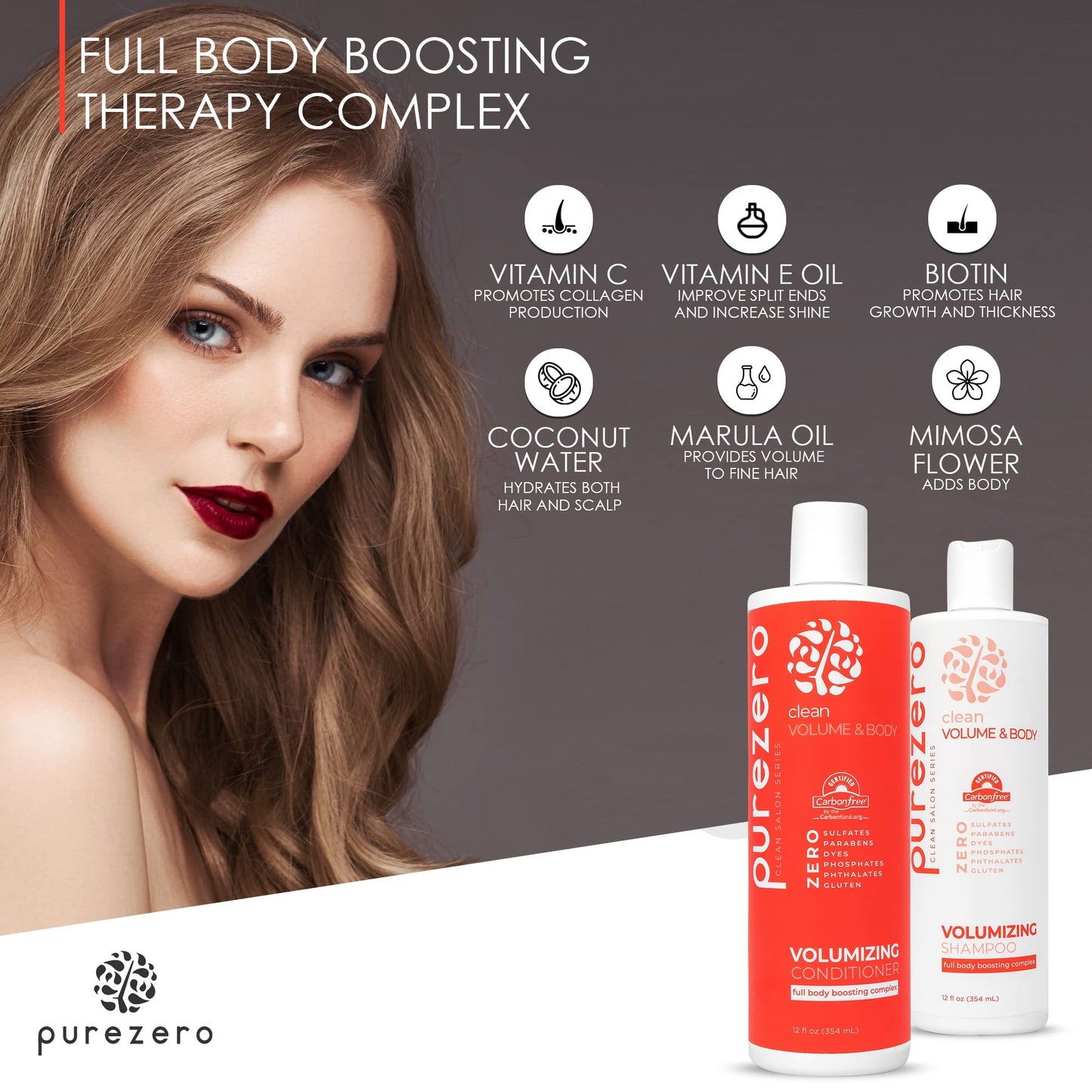 Purezero Volumizing Shampoo and Conditioner Set - Add Volume & Body - Zero Sulfates/Parabens/Dyes -100% Vegan & Cruelty-Free - Great for Color Treated