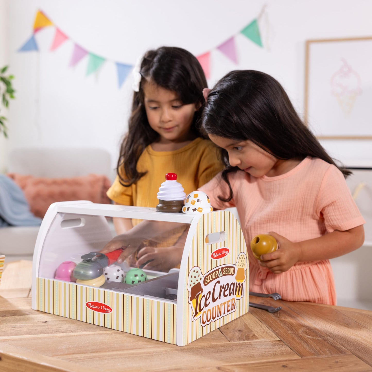 Melissa & Doug Wooden Scoop and Serve Ice Cream Counter (28 pcs) - Play Food and Accessories