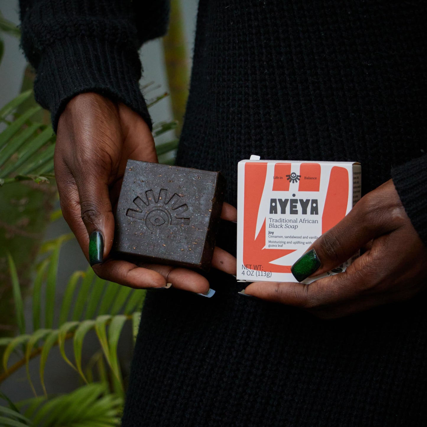 AYÉYA African Black Soap Bar, Cinnamon, Sandalwood & Vanilla (Joy) - Exfoliating Bar Soap for Dry, Combination, Sensitive, Acne-Prone Skin, 4 Oz
