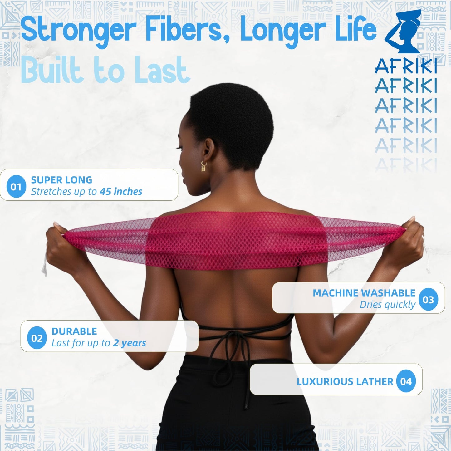African Net Sponge, Premium Authentic Exfoliating Body Scrubber, Extra Long Stretch Bath Sponge for Shower, Deep Exfoliating Washcloth for Smooth Beauty and Personal Care AFRIKI