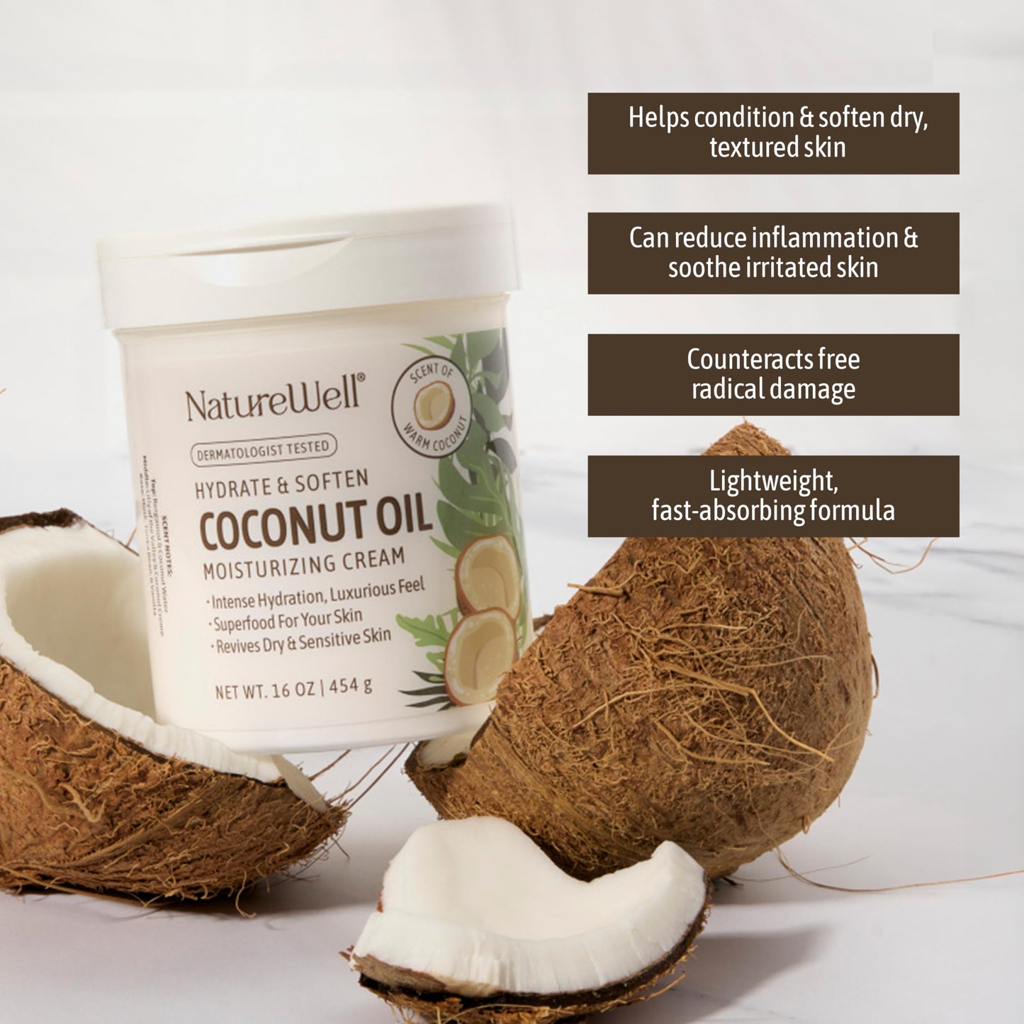 NATURE WELL Hydrate & Soften Coconut Oil Moisturizing Cream for Face, Body, & Hands, Non-Greasy, Intense Hydration & Luxurious Feel, Revives Dry & Sensitive Skin, 16 Oz