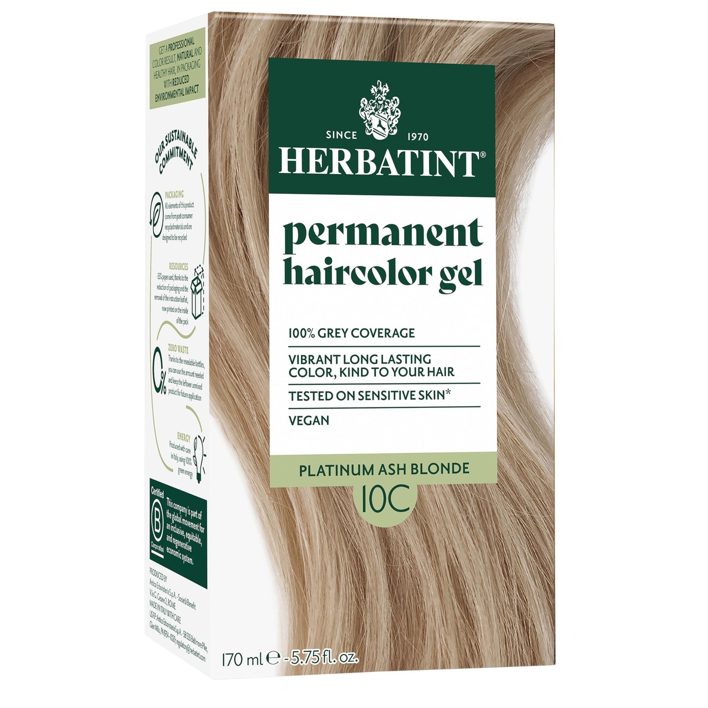 Herbatint Permanent Hair Dye For Women - 10C Platinum Ash Blonde - For Up To 100% Gray Coverage of Resistant Gray Hair - Ammonia-Free, Alcohol-Free