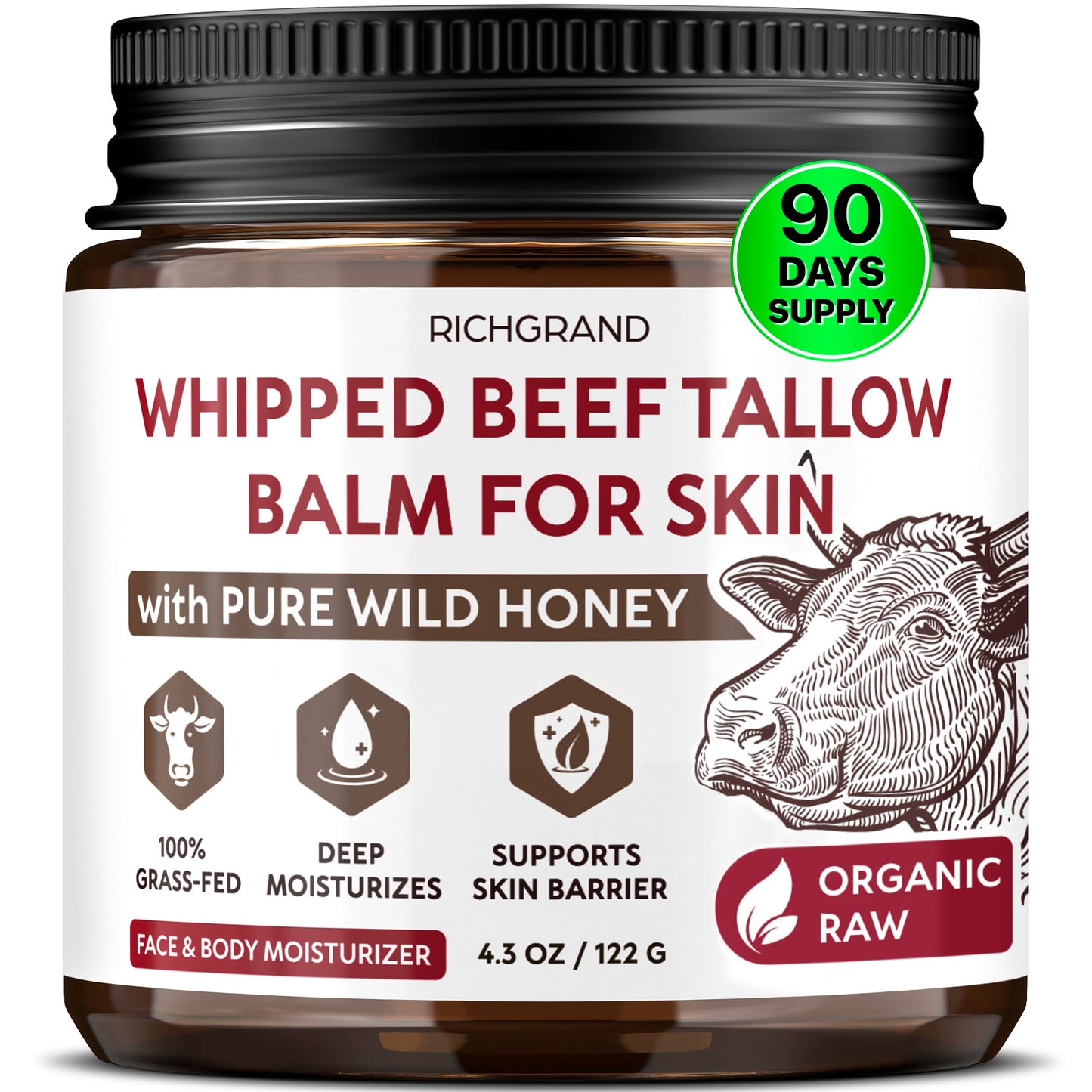 RICHGRAND Beef Tallow for Skin - Whipped Tallow and Honey Balm - Grass Fed Beef Tallow for Face, Daily Moisturizer & Body Butter - Natural Non Beauty and Personal Care RICHGRAND Default Title
