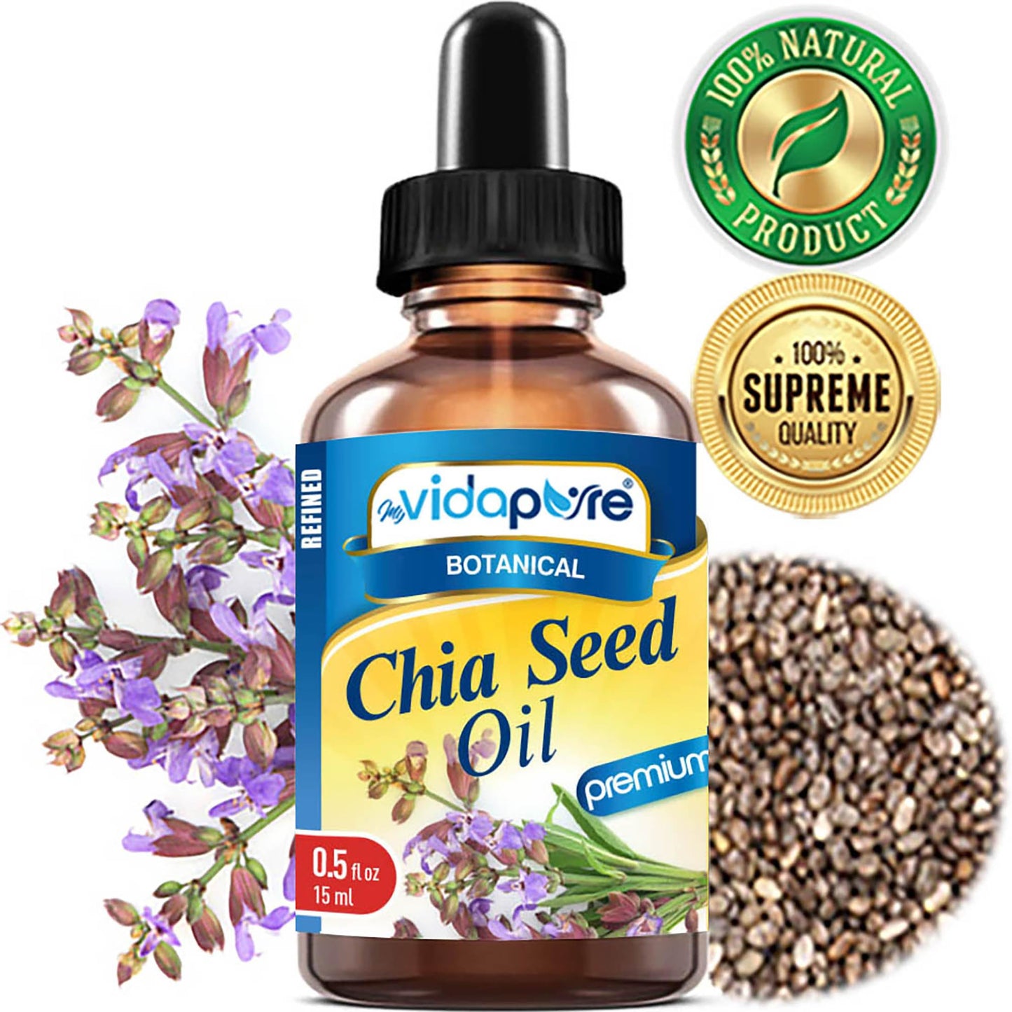 MYVIDAPURE CHIA SEED OIL Pure Natural Undiluted Refined Cold Pressed Carrier Oil for Skin, Face, Hair, Lip and Nail Care Anti-Aging (0.5 Fl Oz)