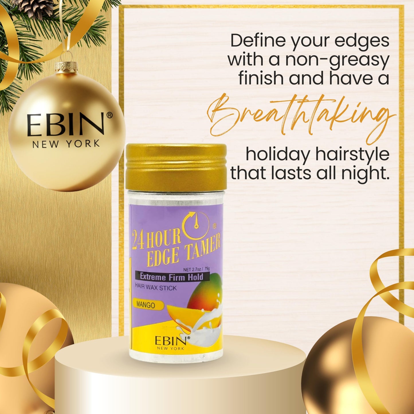EBIN NEW YORK 24 Hour Edge Tamer Hair Sleek Stick, Extreme Firm Hold, 2.7 oz, Mango - Sleek & Go, No Flaking and White Residue