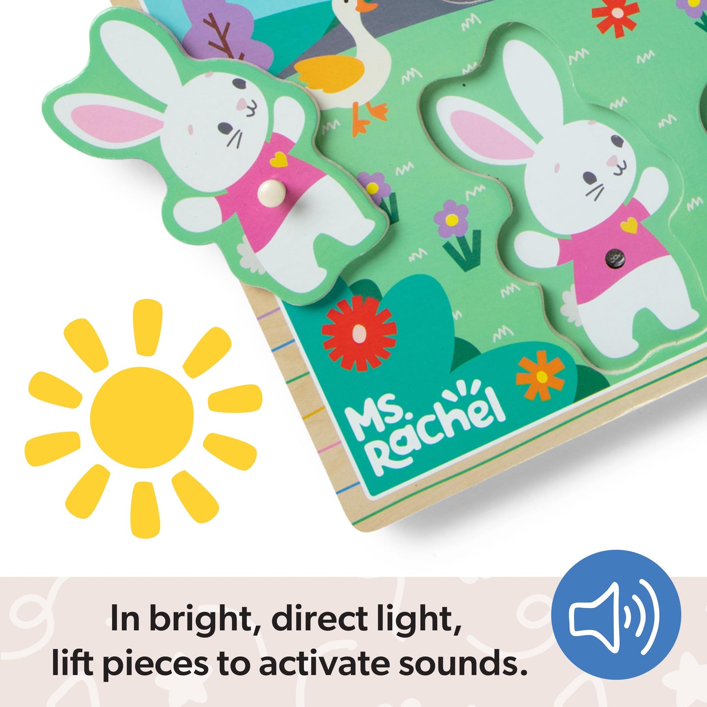 Melissa & Doug Ms. Rachel Wooden Song Peg Puzzle – 6-Piece Light-Activated Sound Puzzle with Full Songs, Toddler Toy for Ages 2–5, FSC Certified