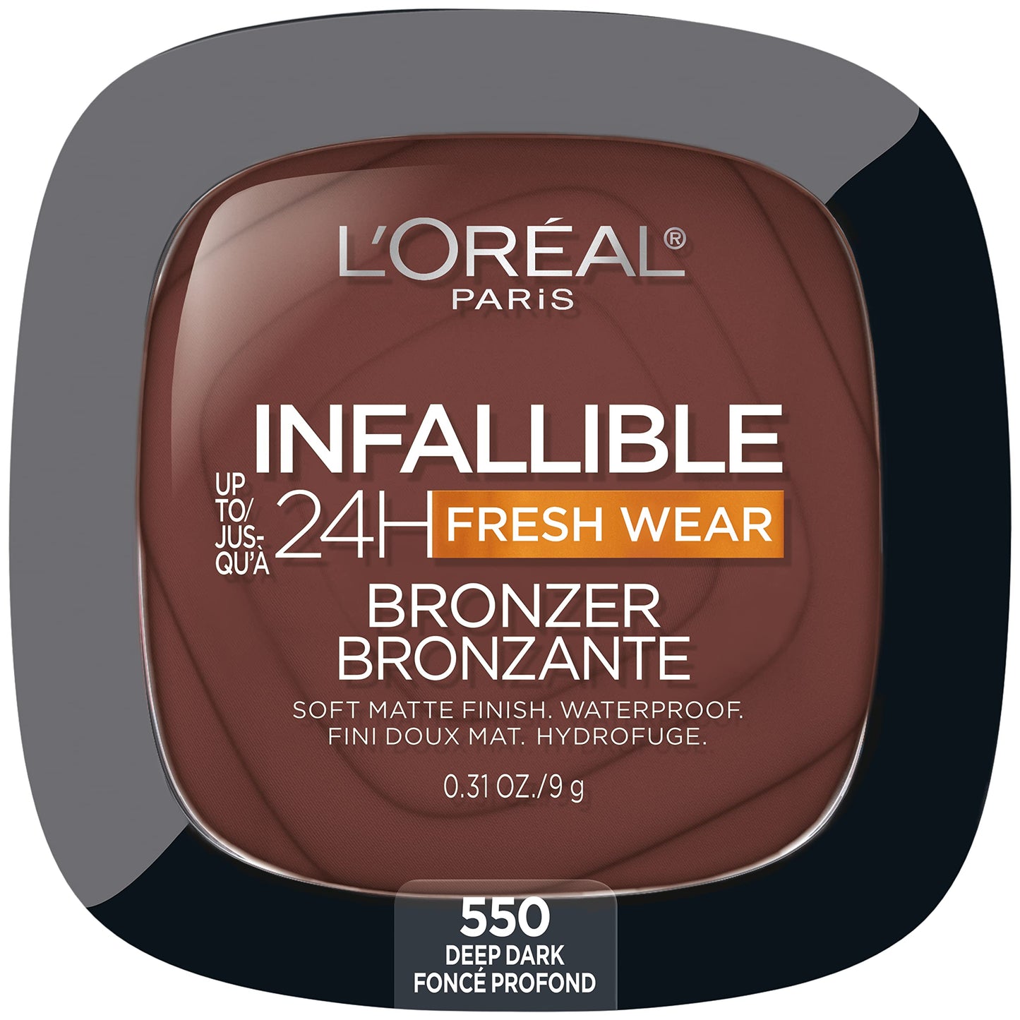 L'Oreal Paris Infallible Up to 24H Fresh Wear Soft Matte Longwear Bronzer. Waterproof, heatproof, Transfer, humidity and sweatproof, Deep Dark, 0.31