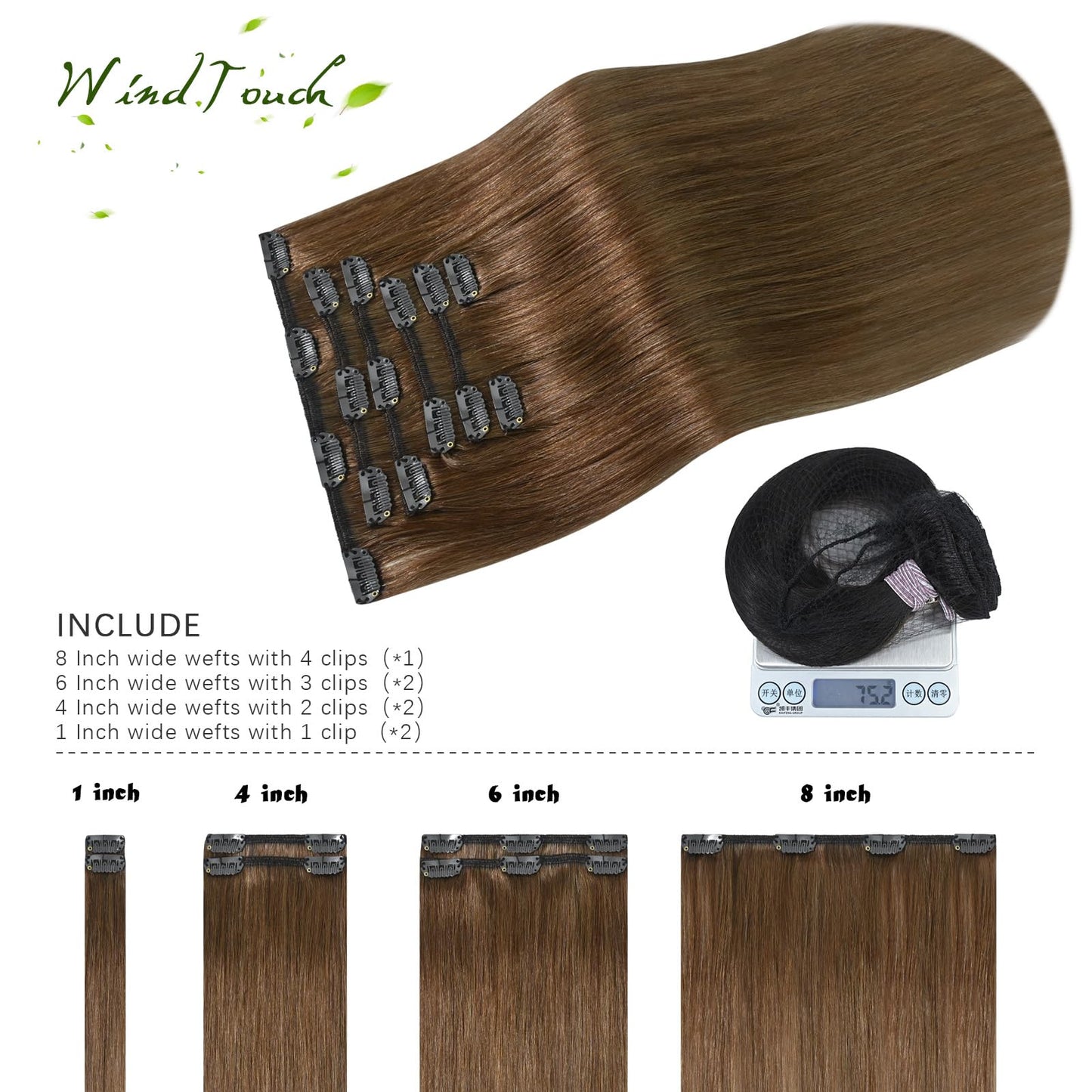 WindTouch Clip In Hair Extensions Real Human Hair Light Brown Extensions 18Inch 75g 7Pcs Human Hair Clip in Extensions #6 Chestnut Brown Hair