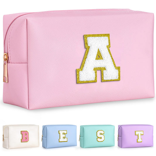 TOPEAST Initial Makeup Bag – Personalized Preppy Cosmetic Pouch, Leather Toiletry Bag, Birthday Gifts for 4–12 Year Old Girls (Pink A)