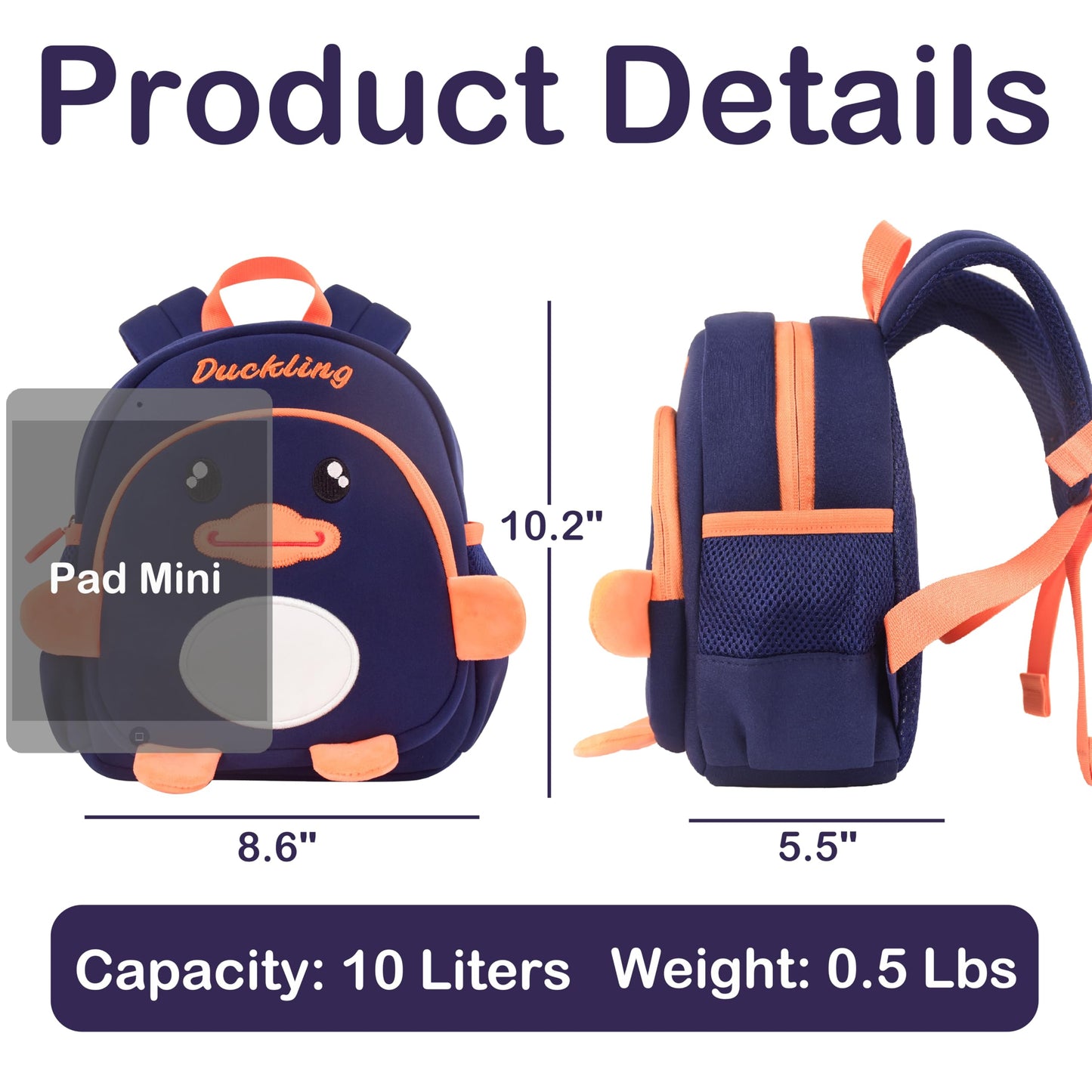 Lifelix Toddler Backpacks for Boys 2-4 Cute 3D Kids Duck Schoolbag with Baby Leash for Small Preschool Kindergarten Bookbag Cartoon Mini Travel Bags 10inch (Dark Blue)