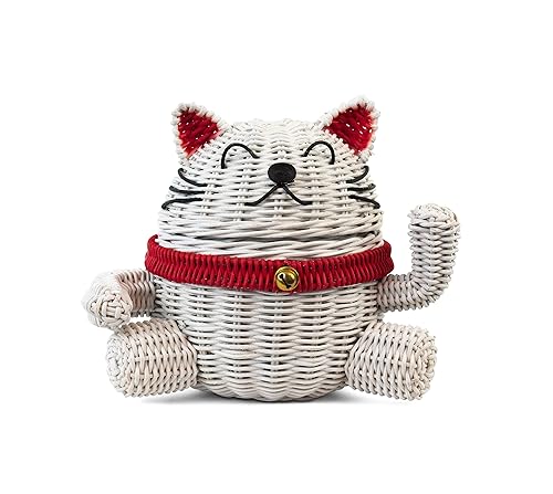 G6 Collection Lucky Cat Rattan Storage Basket With Lid Decorative Bin Home Decor Hand Woven Shelf Organizer Cute Handmade Handcrafted Nursery Gift…