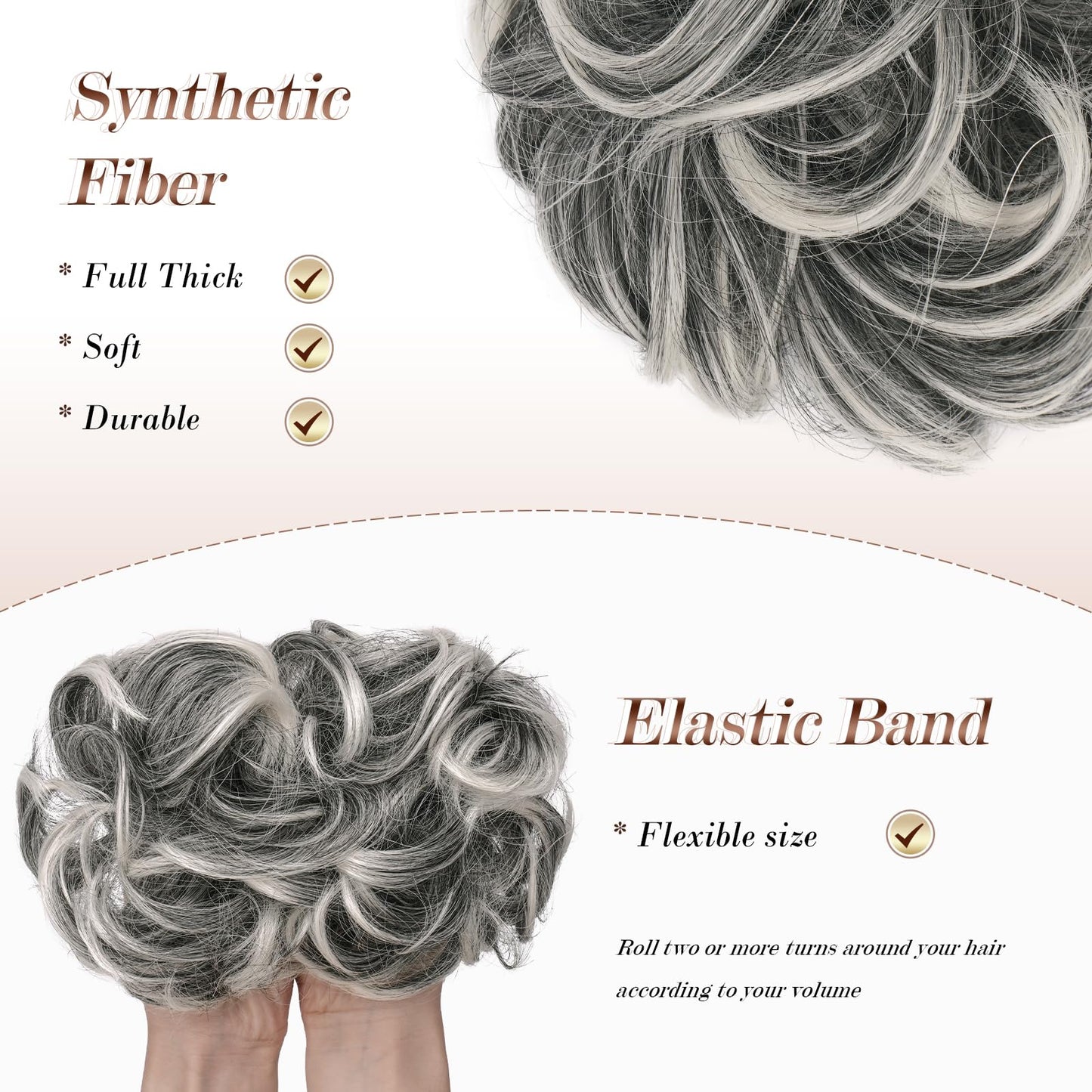 FESHFEN Large Messy Bun Hair Piece - Wavy Synthetic Chignon Scrunchies Elastic Ponytail Hair Extensions Thick Hairpieces for Women, Black Gray Beauty and Personal Care FESHFEN