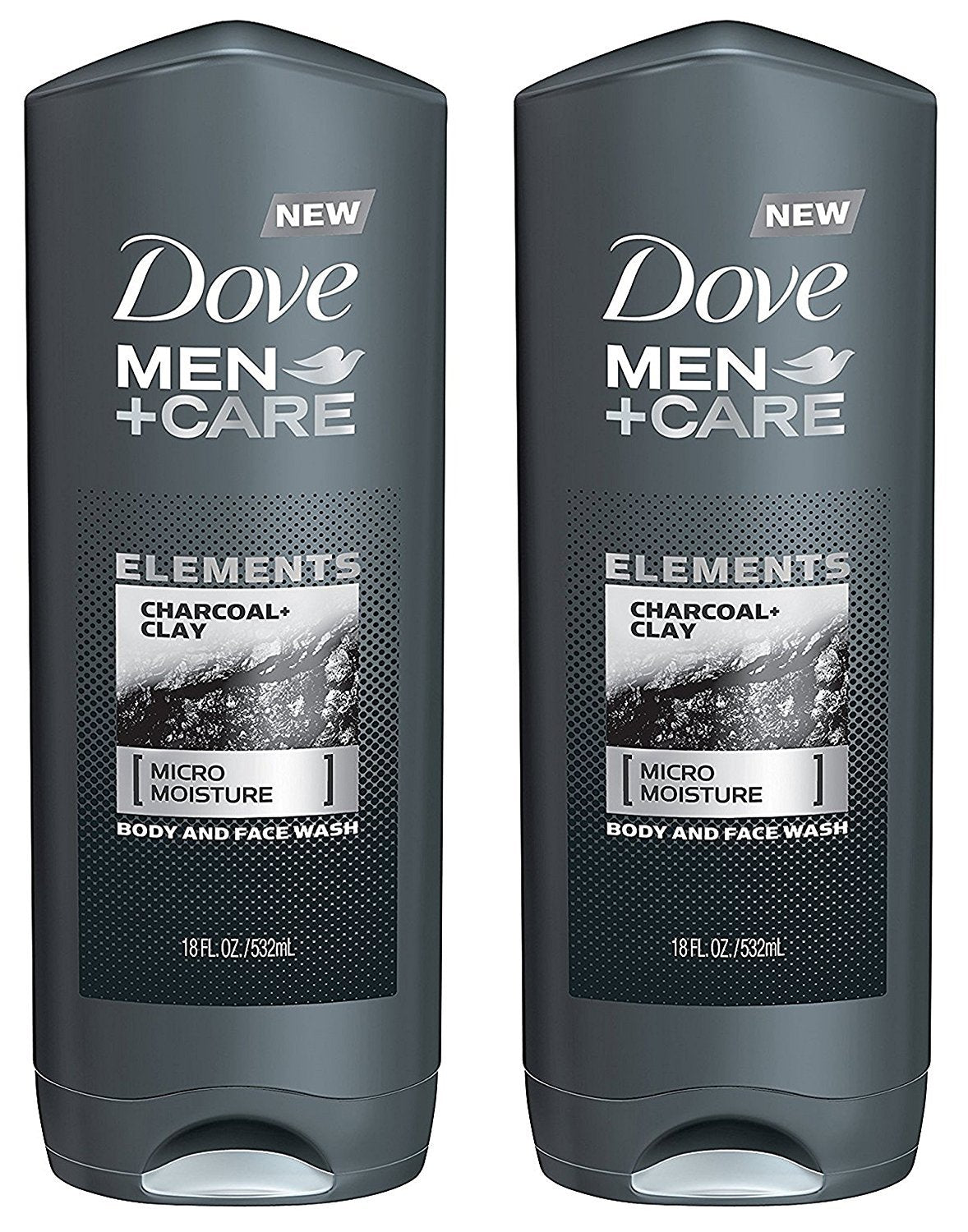 Dove Men + Care Body And Face Wash - Elements - Charcoal + Clay - Net Wt. 18 FL OZ (532 mL) Per Bottle - Pack of 2 Bottles