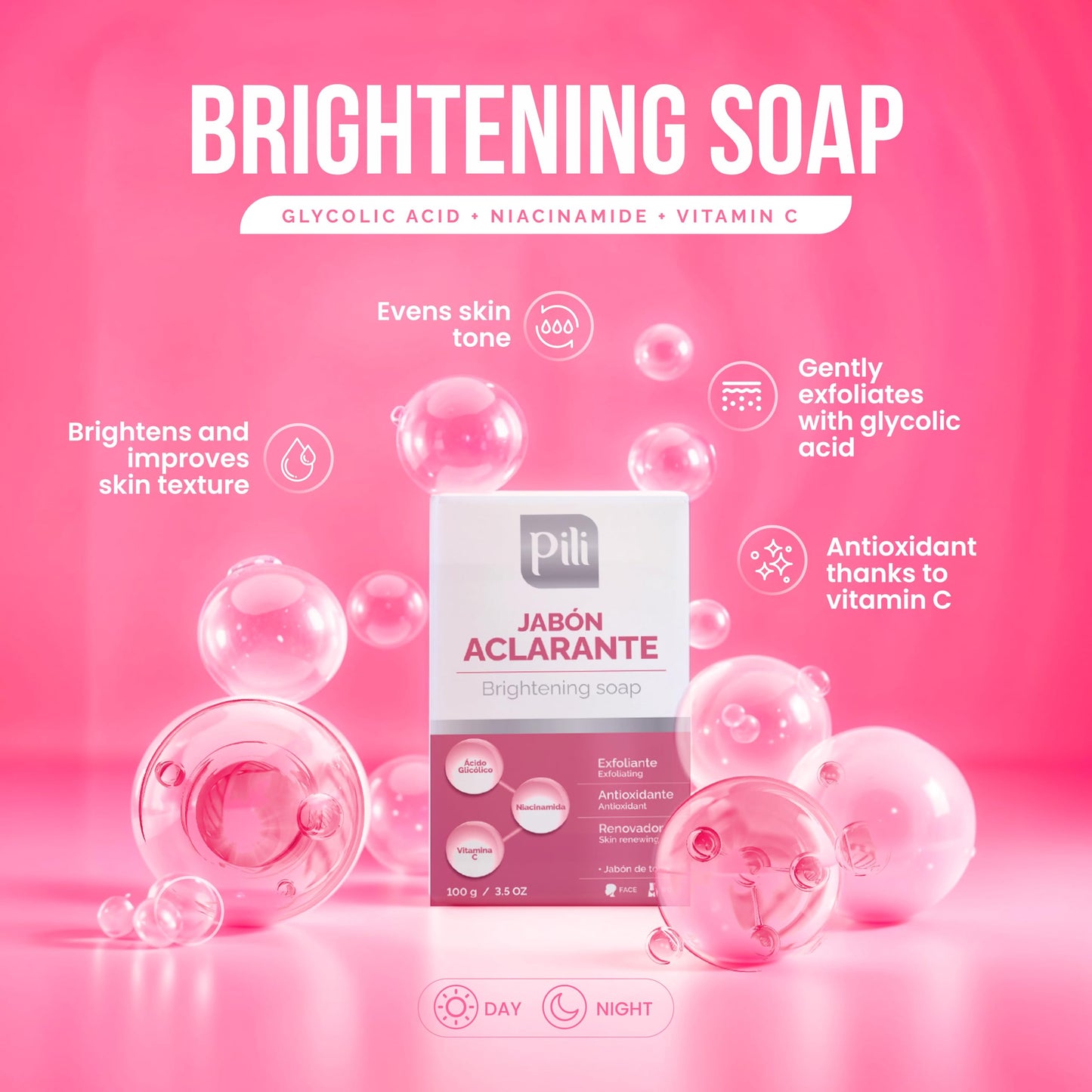 Pili Brightening Soap Bar 2 Pack - Face & Body Exfoliating Soap with Glycolic Acid, Vitamin C & Niacinamide - Skin Brightening for Even Tone & Glowing