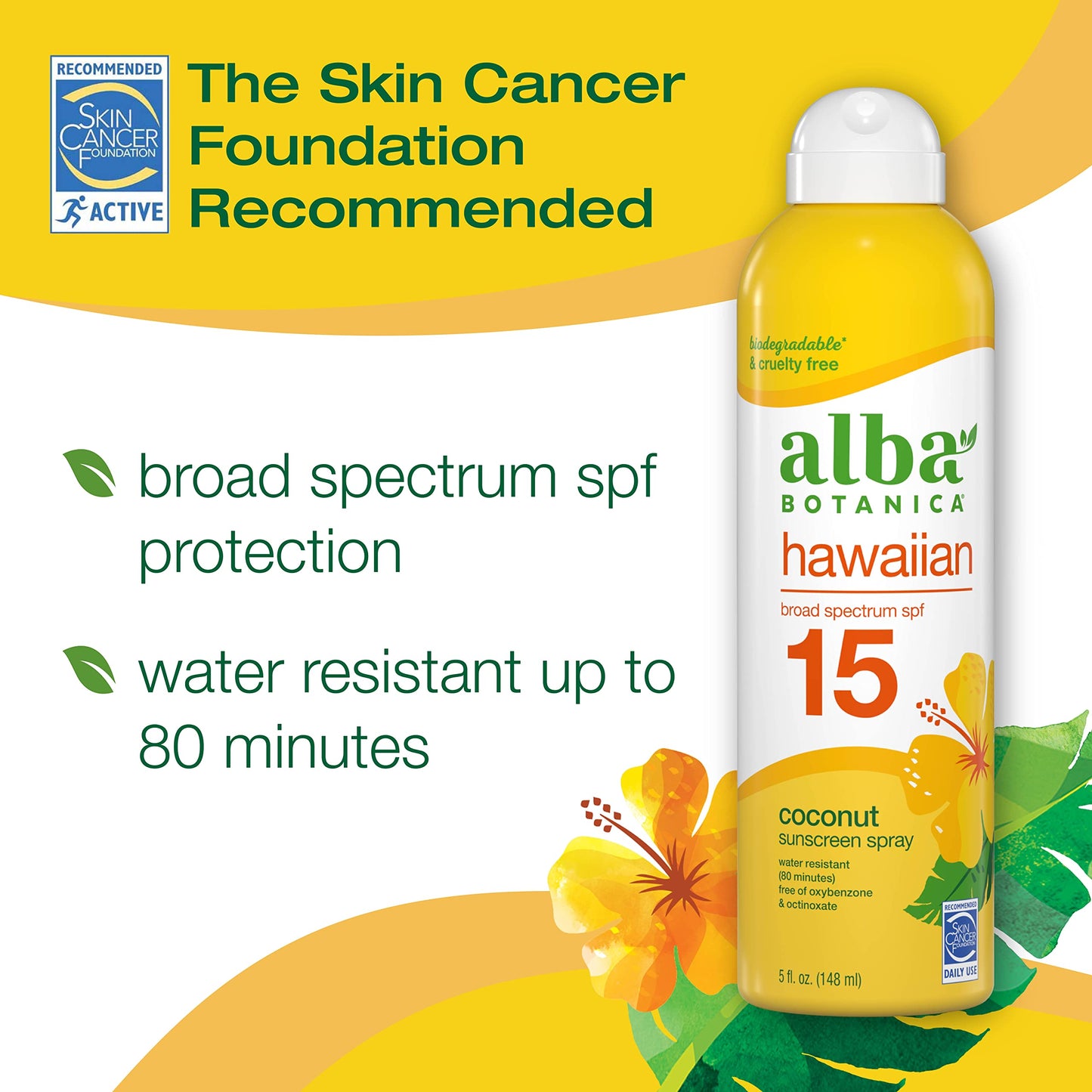 Alba Botanica Sunscreen Spray for Face and Body, Broad Spectrum SPF 15 Sunscreen, Hawaiian Coconut, Water Resistant and Biodegradable, 5 fl. oz.