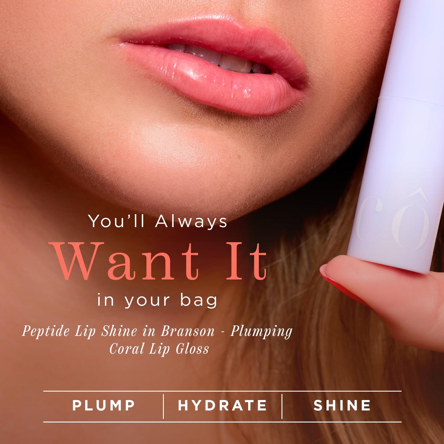 Cote Beauty's Peptide Lip Shine in Branson, Ultra Hydrating & Long-Lasting Coral Plumping Lip Gloss for Women with Hyaluronic Acid, Shea Butter &