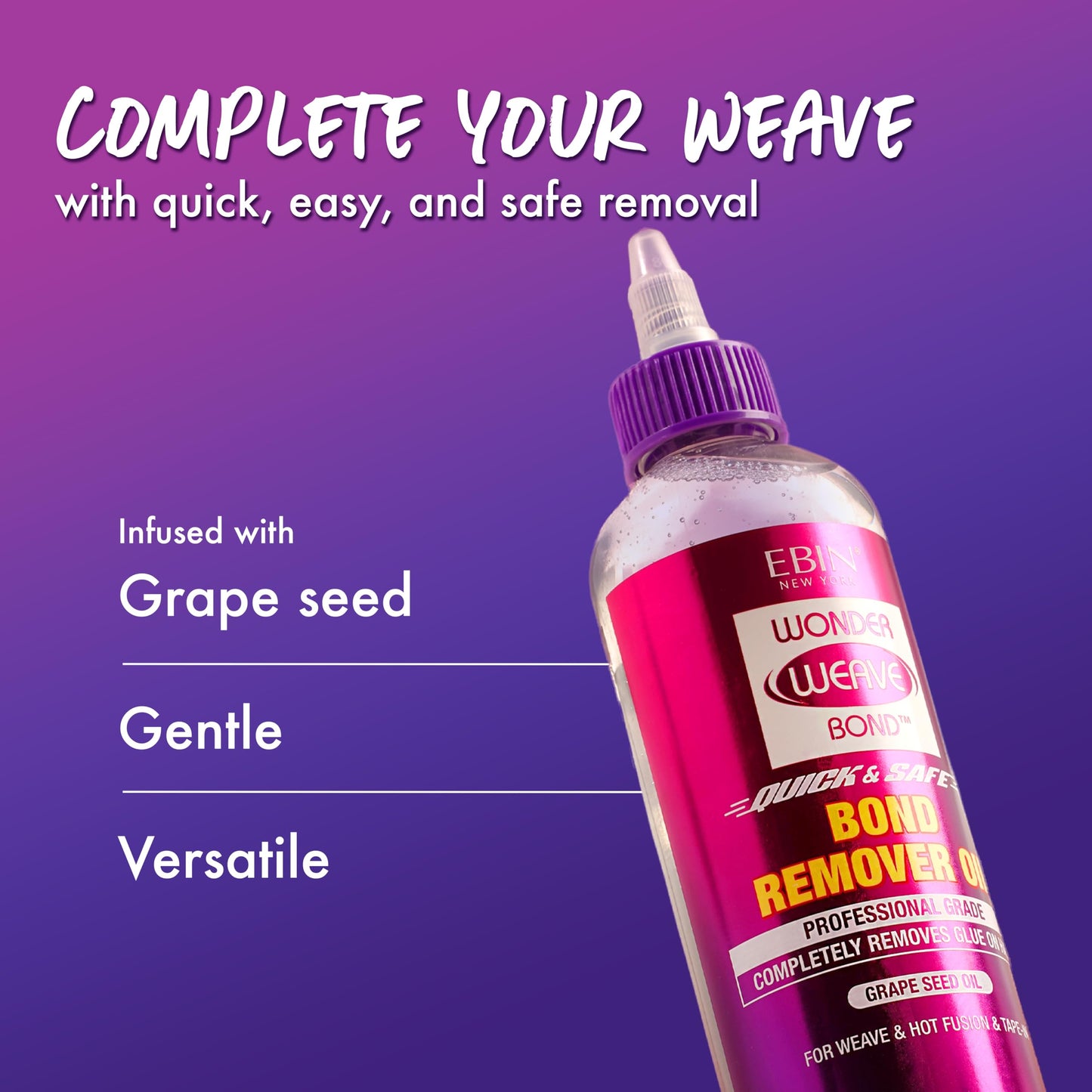 EBIN NEW YORK Wonder Weave Bond Remover Oil 8 Fl Oz - Grape Seed Oil Formula for Hair Glue, Tape-In, and Hot Infusion Extension Removal