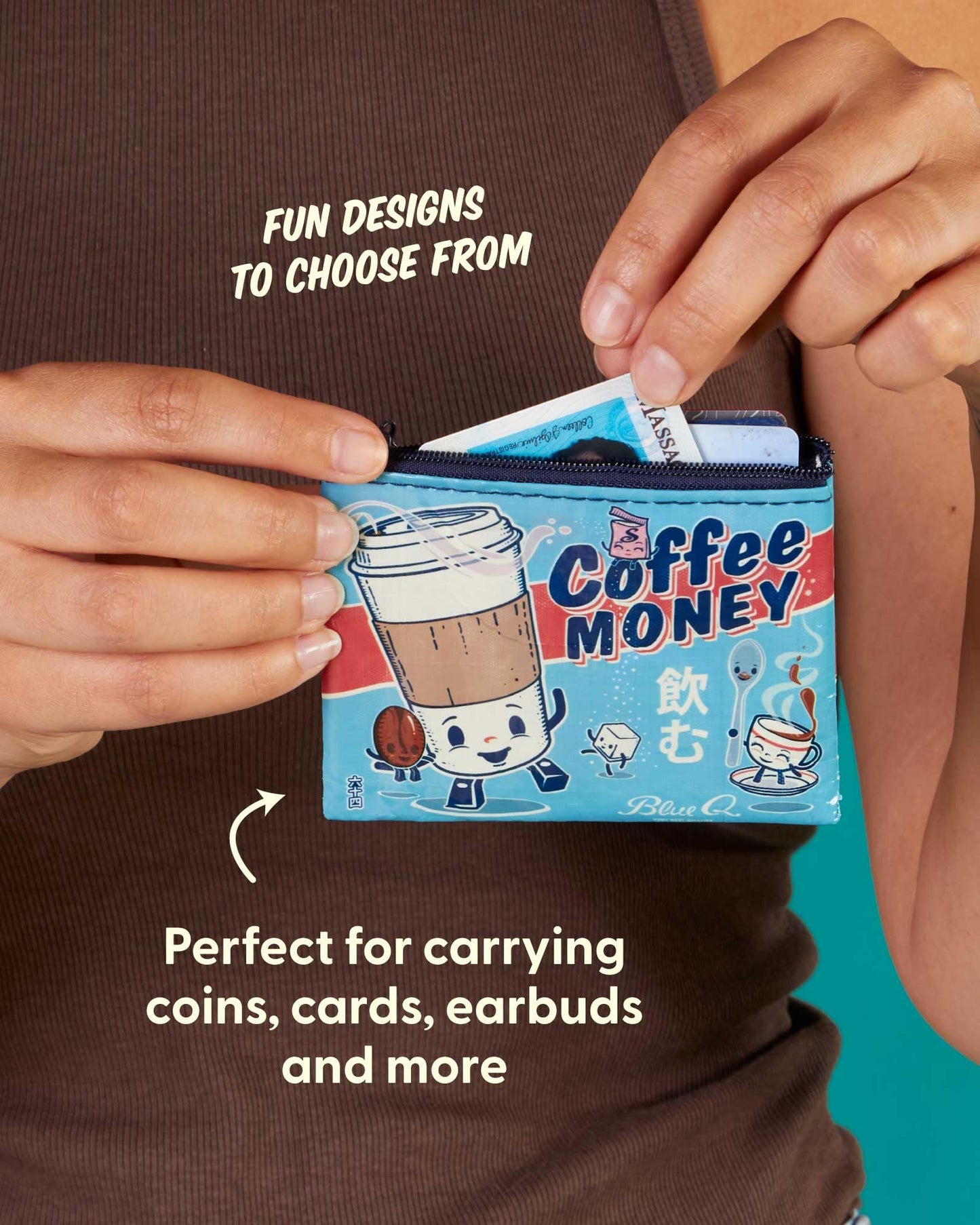blue q coin purse - cute pouch for men and women, small wallet keychain organizer, zipper bag coins, gift cards & earbuds, mini card holder, compact…