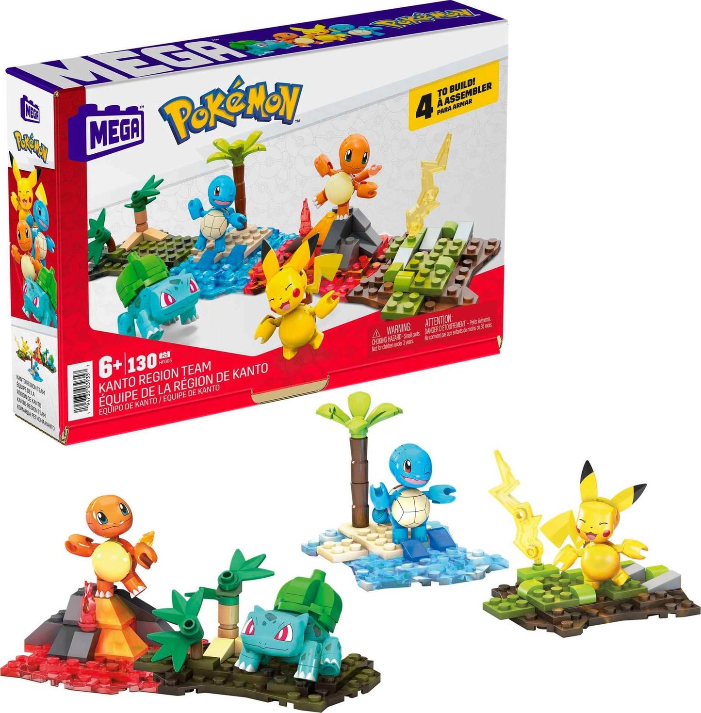MEGA Pokémon Kanto Region Team Building Set with 130 Pieces, Includes 4 Poseable 2" Figures, Articulated Characters, Fun Toy for Kids