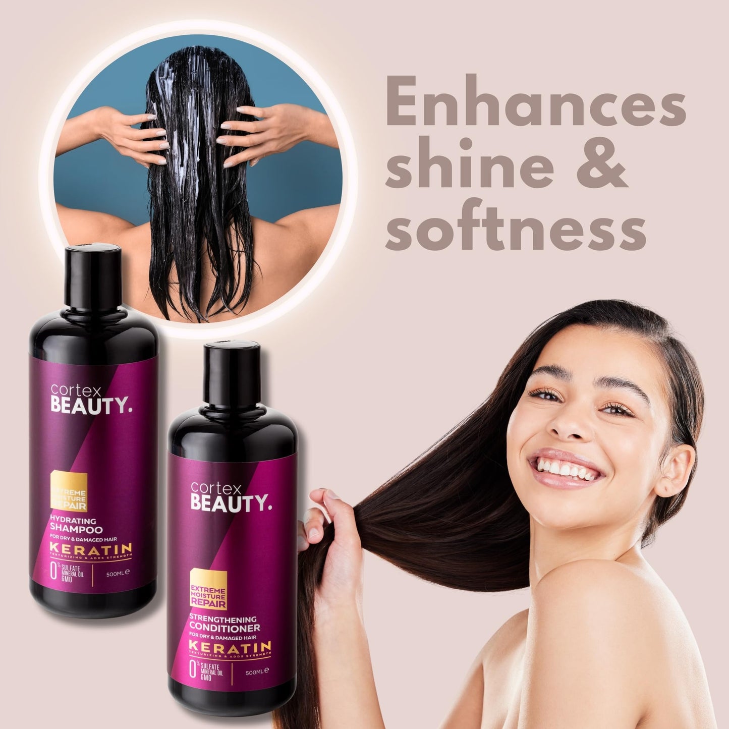 Cortex Beauty | Keratin Hydrating Shampoo, Strengthening Conditioner, Leave in Conditioner, and Reviving Hair Mask Set