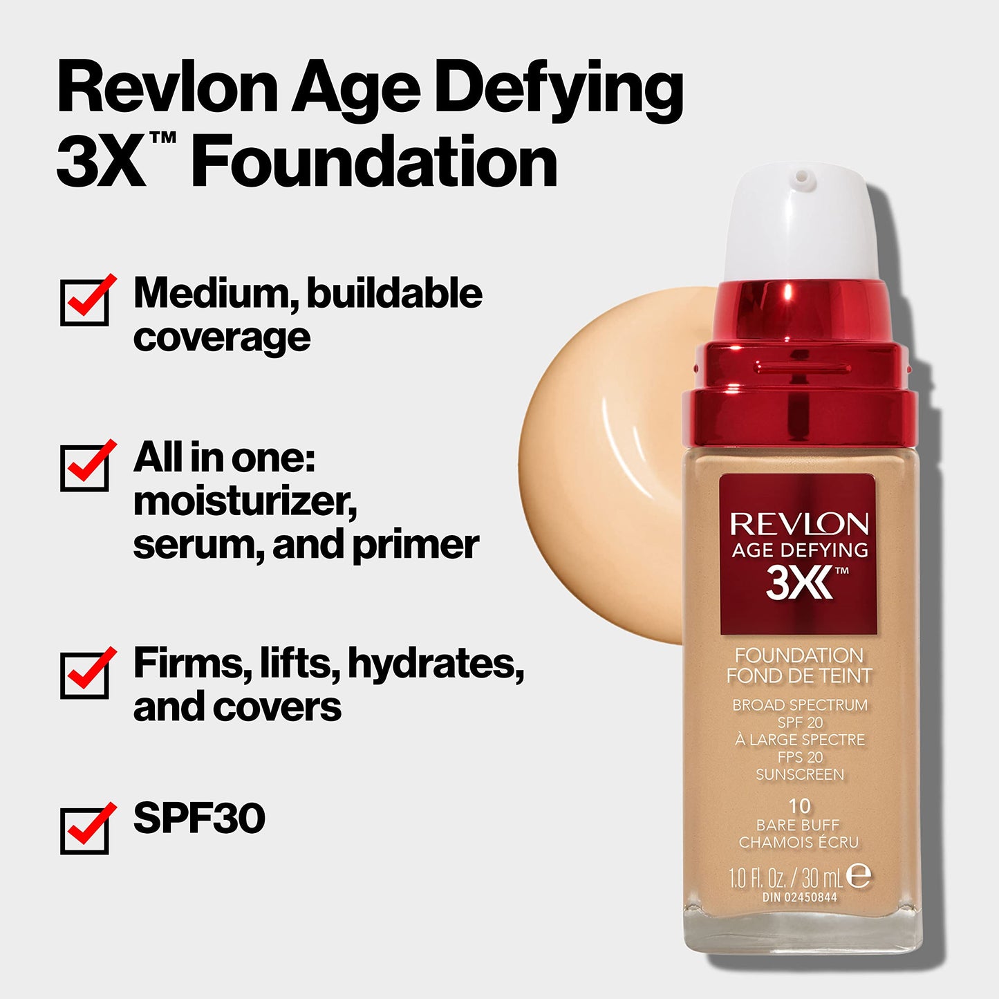 Revlon Age Defying 3X Liquid Foundation, SPF 30 Anti-Aging & Firming Makeup, Longwear Medium Buildable Coverage, 050 Honey Beige, 1 fl oz