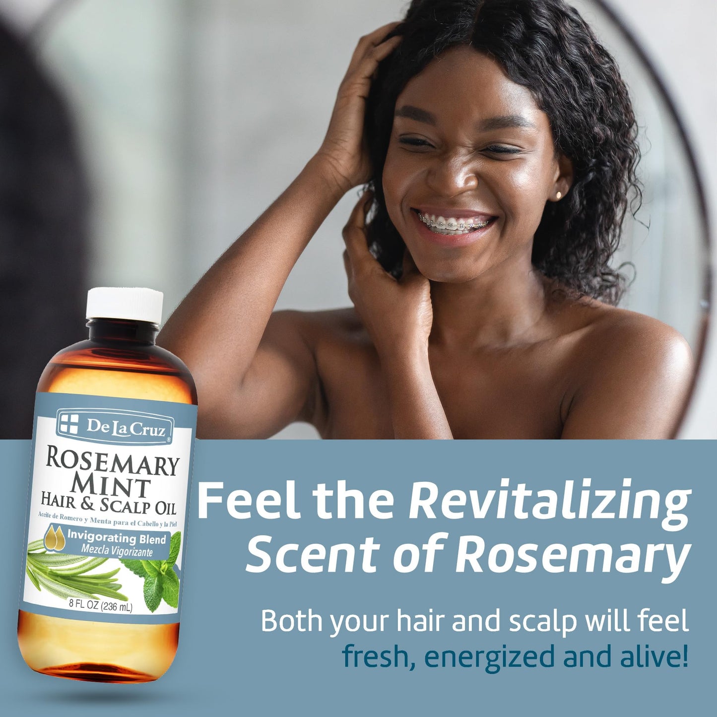 De La Cruz Rosemary Mint Oil Blend for Hair & Scalp - Revitalizing Formula with Castor, Avocado and Olive Oils- Naturally Moisturizing - 8 FL OZ