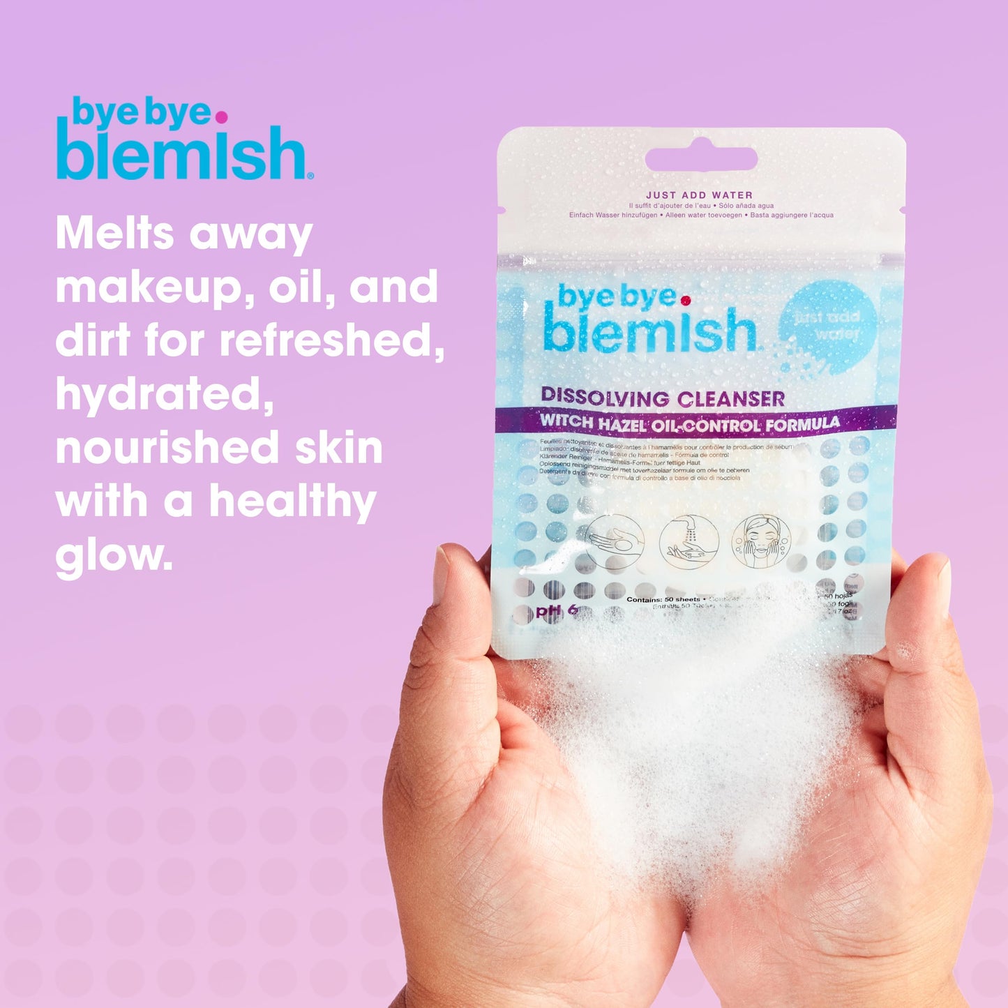 Bye Bye Blemish Dissolving Cleanser Sheets - Witch Hazel Oil-Control Face Wash, Water-Activated Facial Paper Soap for Acne-Prone Skin, Removes Dirt