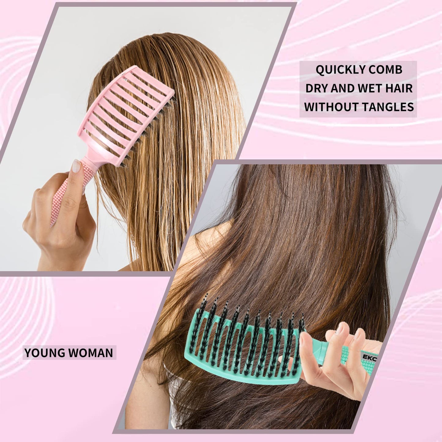 EKONAER 3 Pack Vented Quick Drying Massage Blow Detangler Brush,Boar Bristle Hair Brush Set-Curved,Detangling Hair Brush for Women Long,Thick, Thin