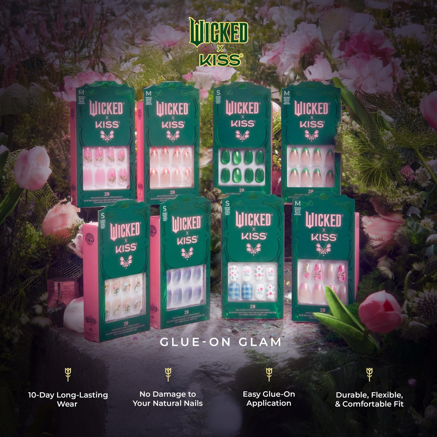 WICKED X KISS Press On Nails, ‘Marvelous Munchkinland’, Blue, Short Squoval, Waterproof, Chip Proof, Smudge Proof, 28 Fake Nails, Pink Gel Nail Glue Beauty & Personal Care KISS