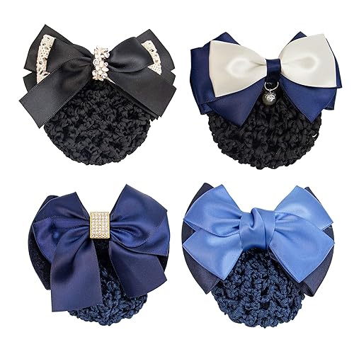 AUEAR, 4 Pcs Satin Hair Bow with Snood Net Barrette Bowknot Clip Bun Cover Hairnets for Women