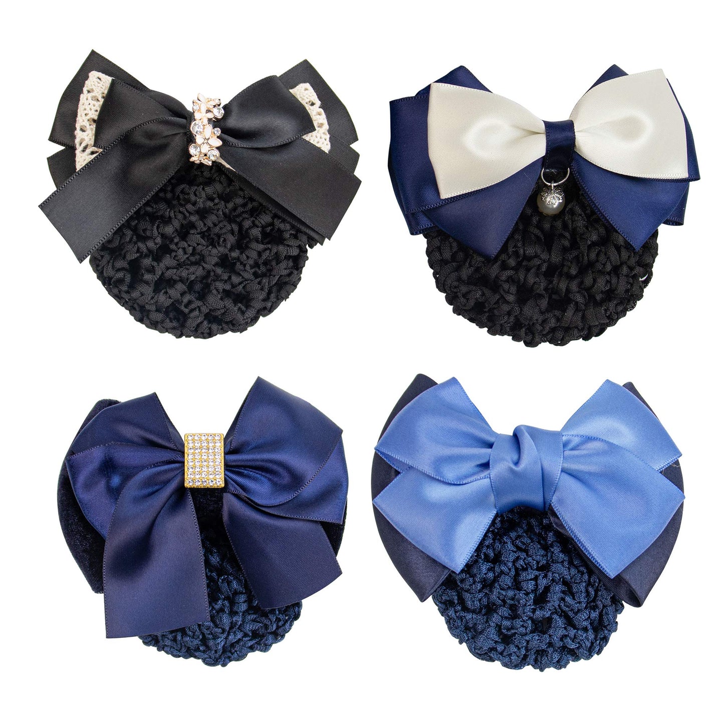 AUEAR, 4 Pcs Satin Hair Bow with Snood Net Barrette Bowknot Clip Bun Cover Hairnets for Women