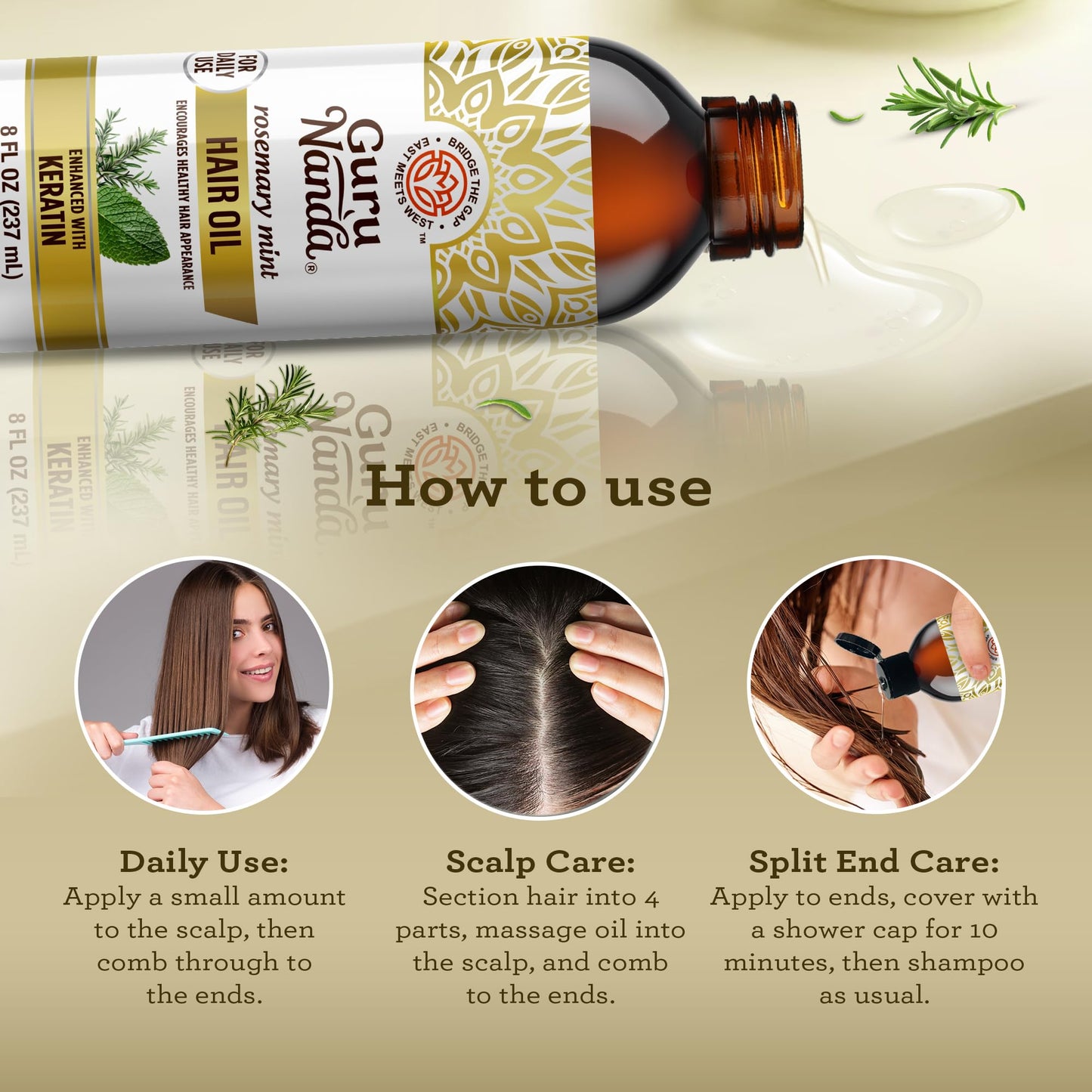 GuruNanda Rosemary Mint for Hair Growth with Keratin & Vitamin E Oil - Encourages Scalp, Shine & Hair Strengthening- 100% Natural, Cruelty-Free, 8oz