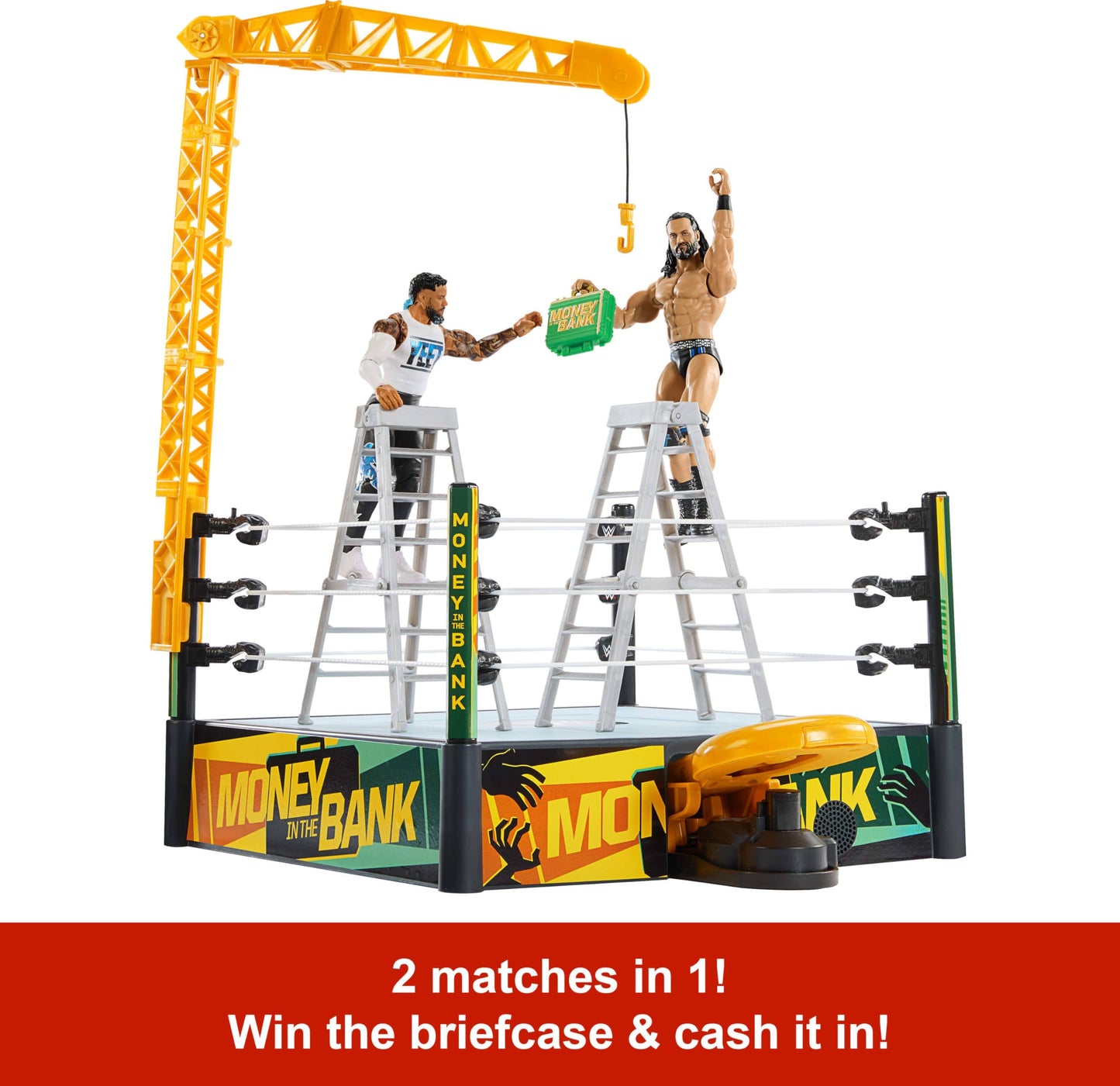 Mattel WWE Money in The Bank Cash-in Ring Playset – 2 Play Modes, 40+ Sounds & Phrases, Launcher, Crane, Ladders & Briefcase