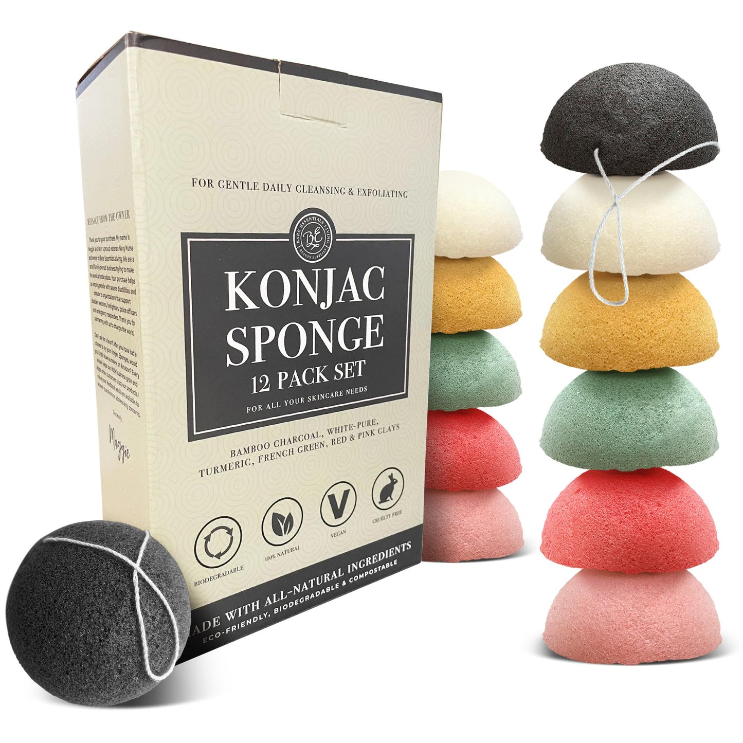 Bare Essentials Living - Konjac Sponges Set (12 Pack) with Activated Bamboo Charcoal Facial Sponge, Natural, Great for Facials, Bath, and Exfoliating